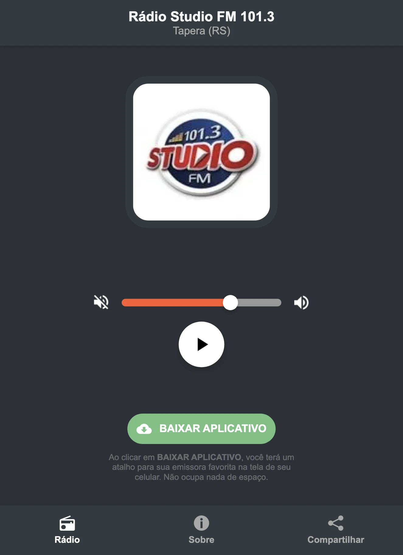 Screenshot do aplicativo da Rádio Studio FM 101.3