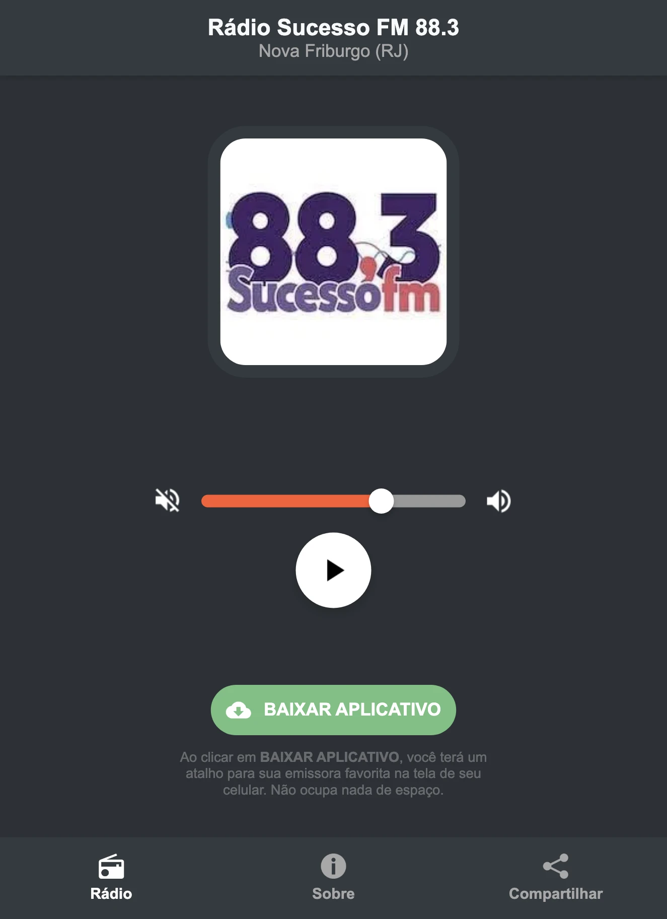 Screenshot do aplicativo da Rádio Sucesso FM 88.3