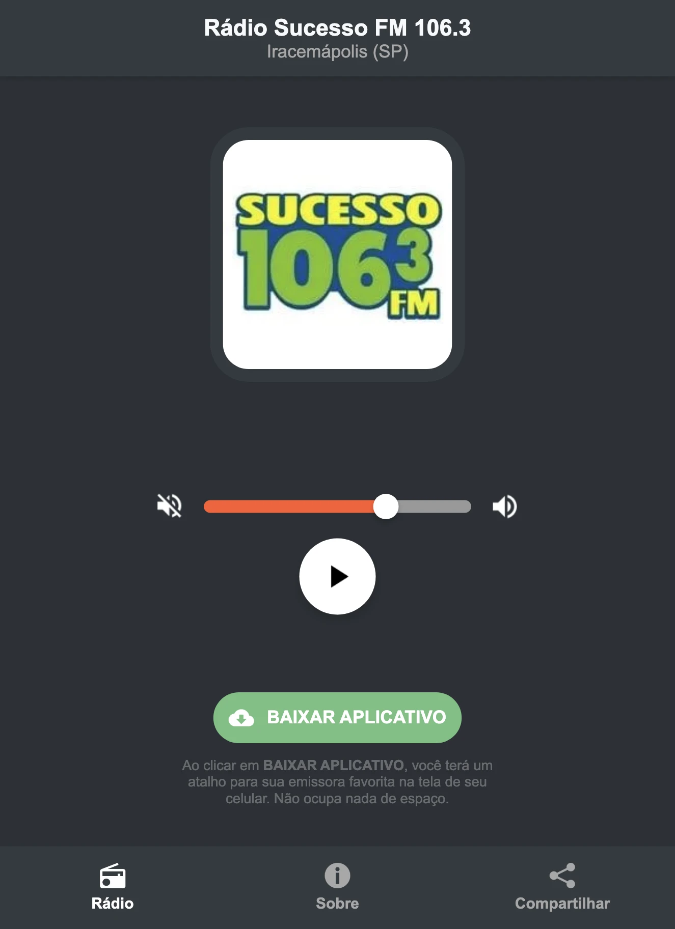 Screenshot do aplicativo da Rádio Sucesso FM 106.3