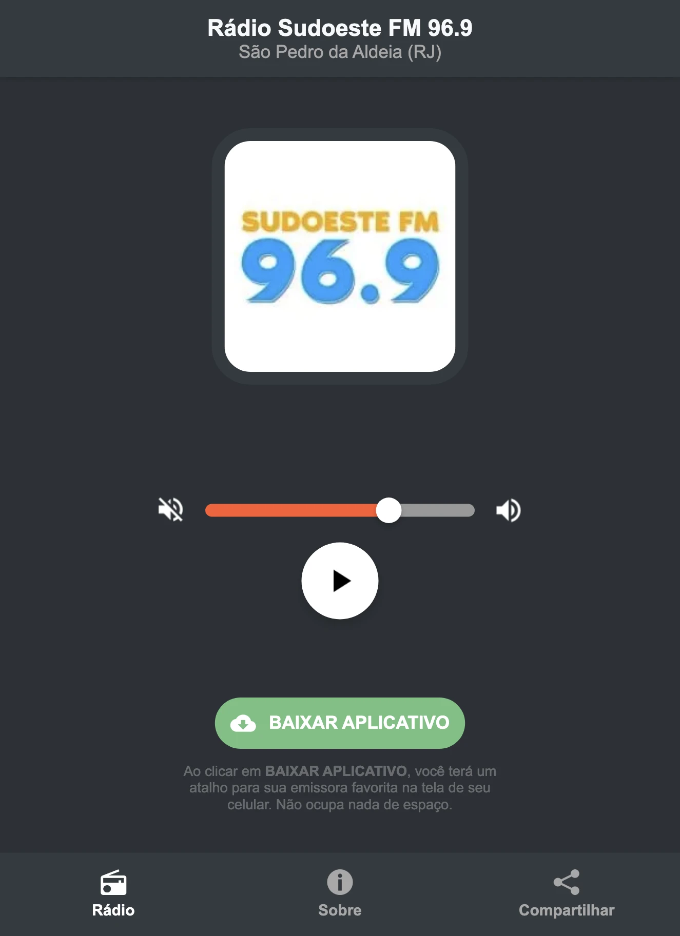 Screenshot do aplicativo da Rádio Sudoeste FM 96.9