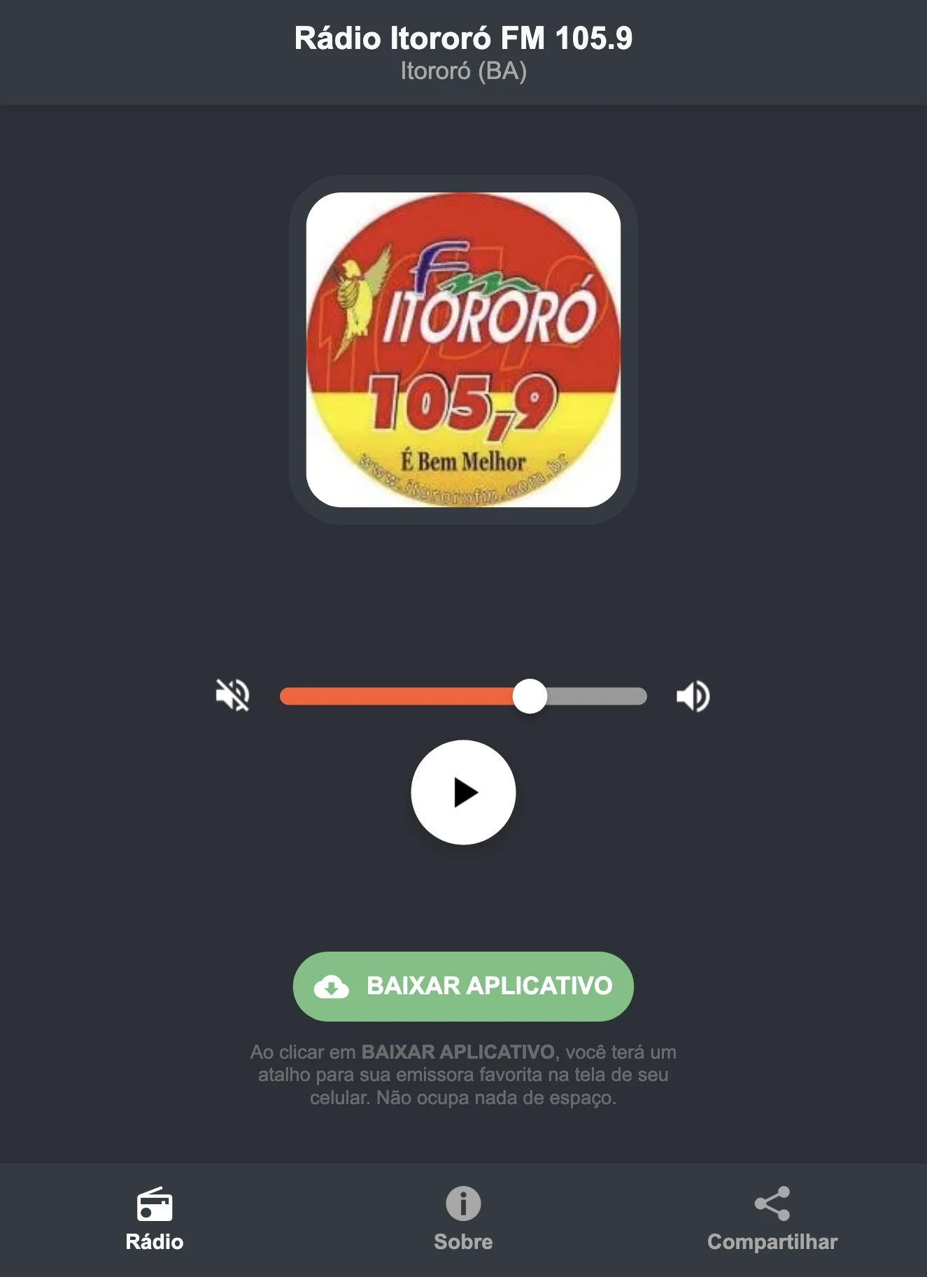 Screenshot do aplicativo da Rádio Itororó FM 105.9