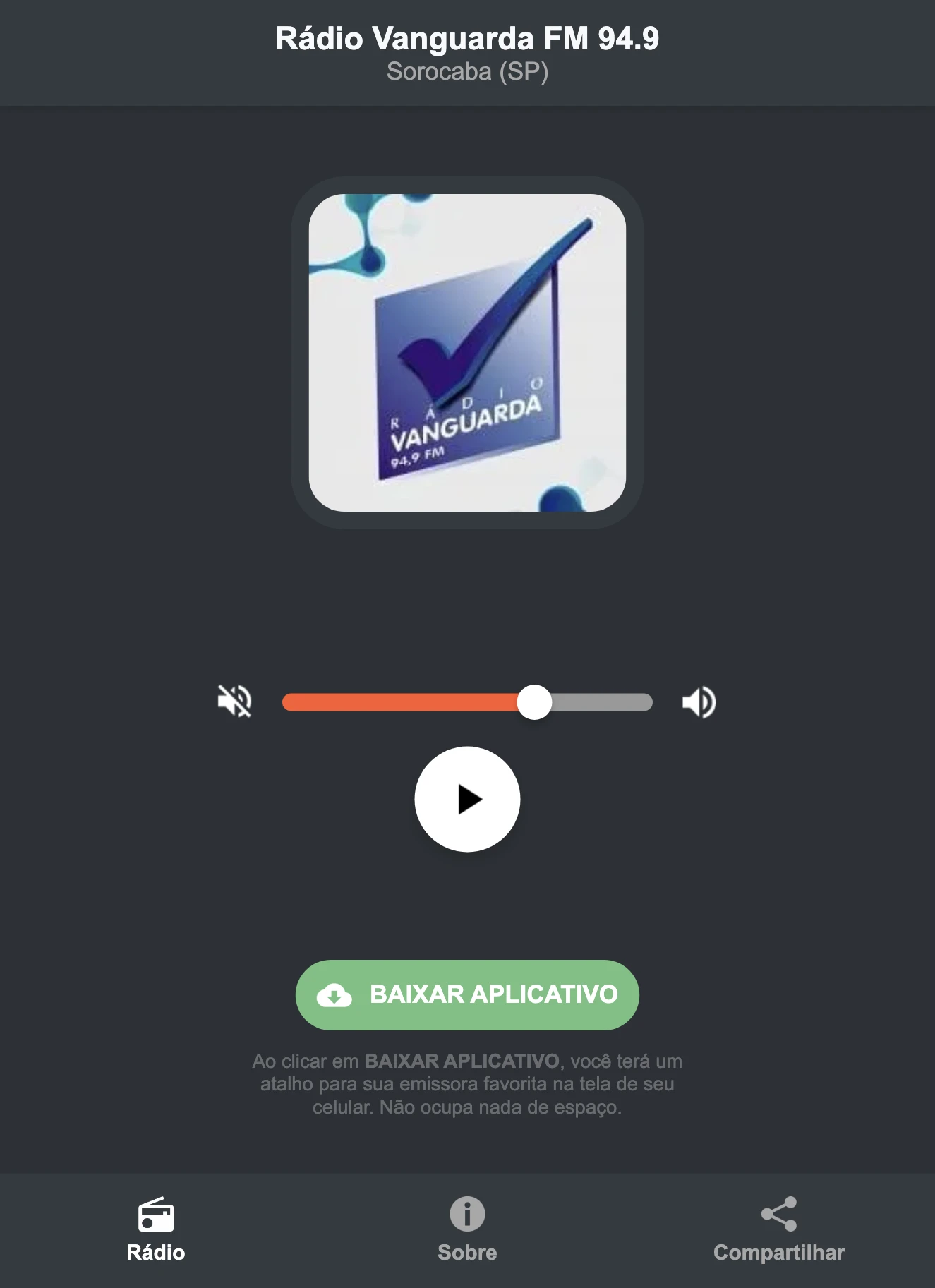 Screenshot do aplicativo da Rádio Vanguarda FM 94.9