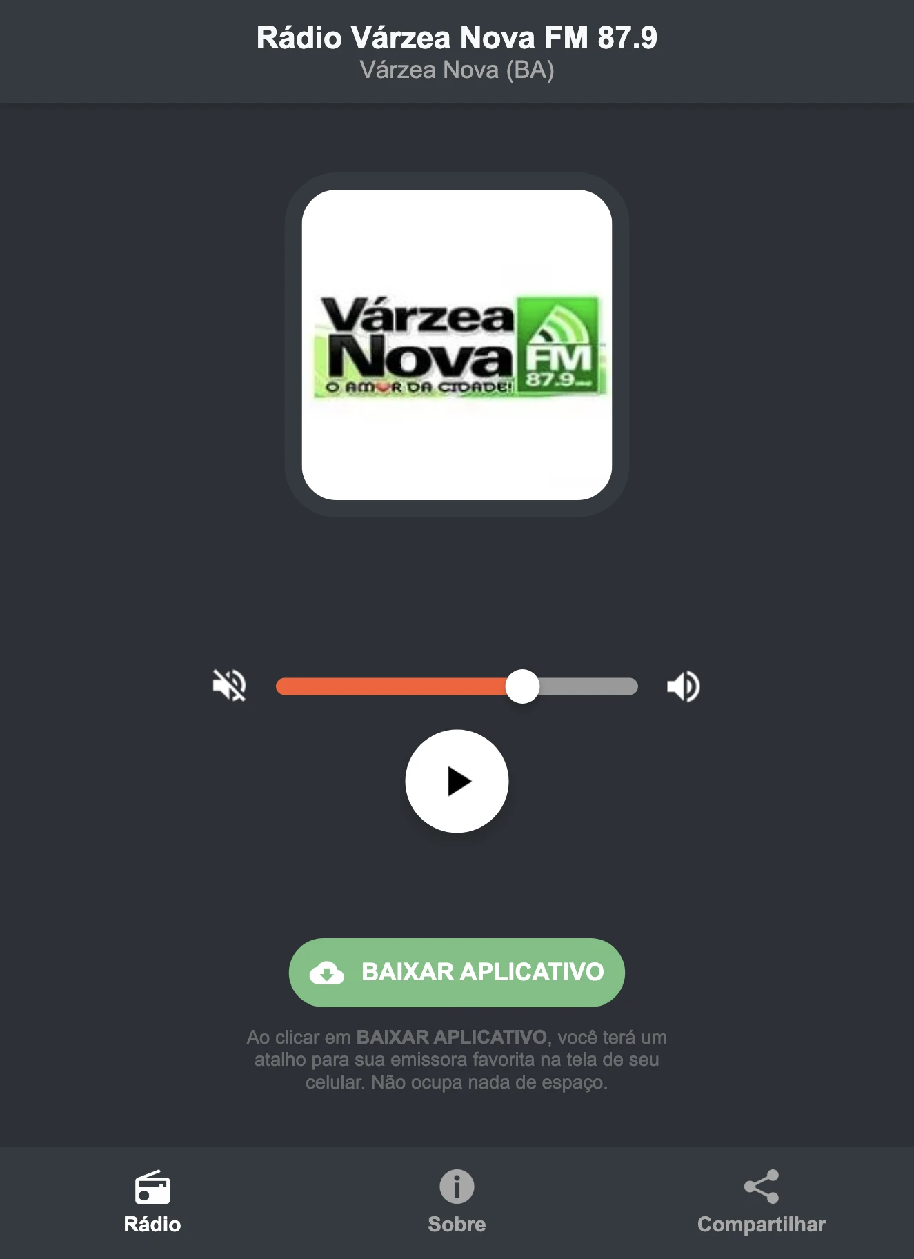 Screenshot do aplicativo da Rádio Várzea Nova FM 87.9