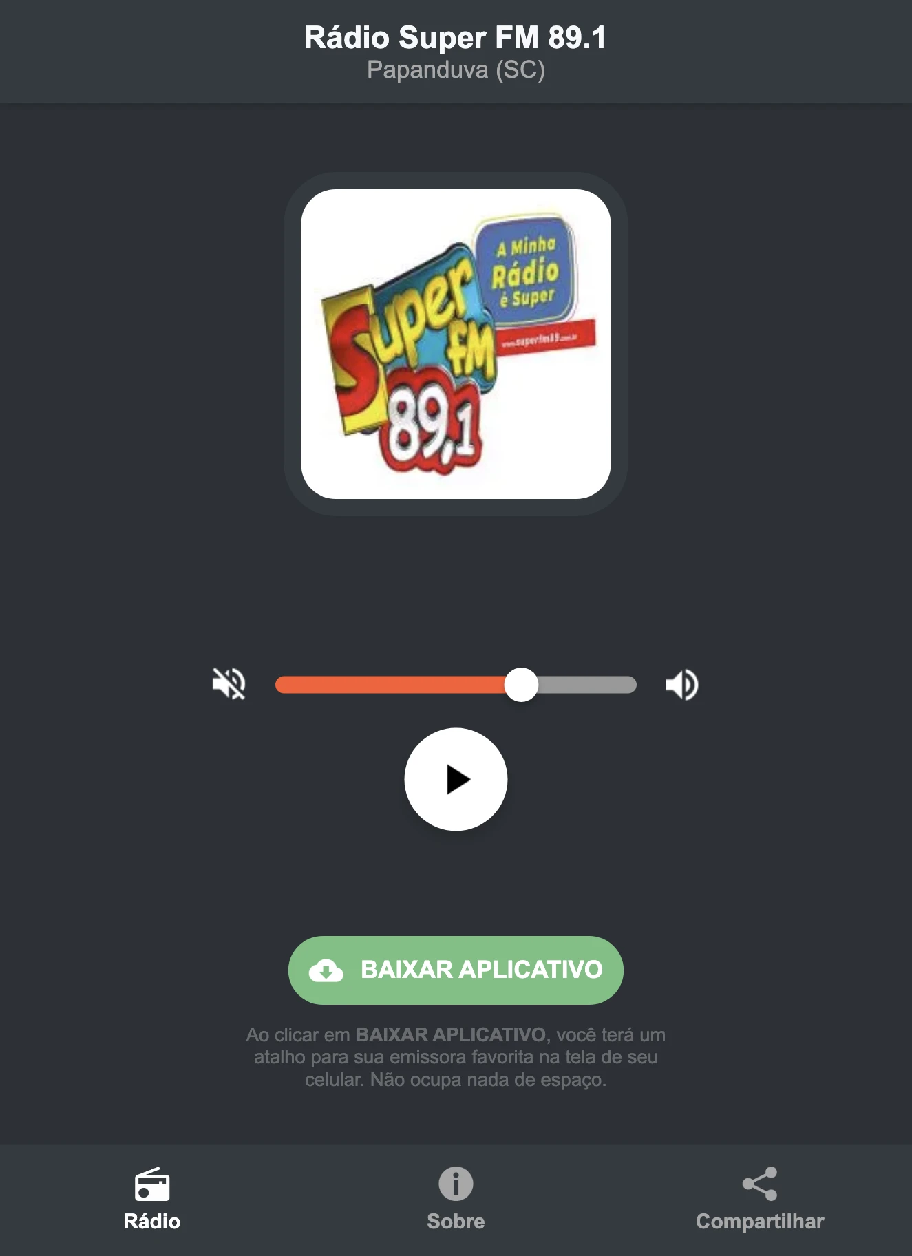 Screenshot do aplicativo da Rádio Super FM 89.1