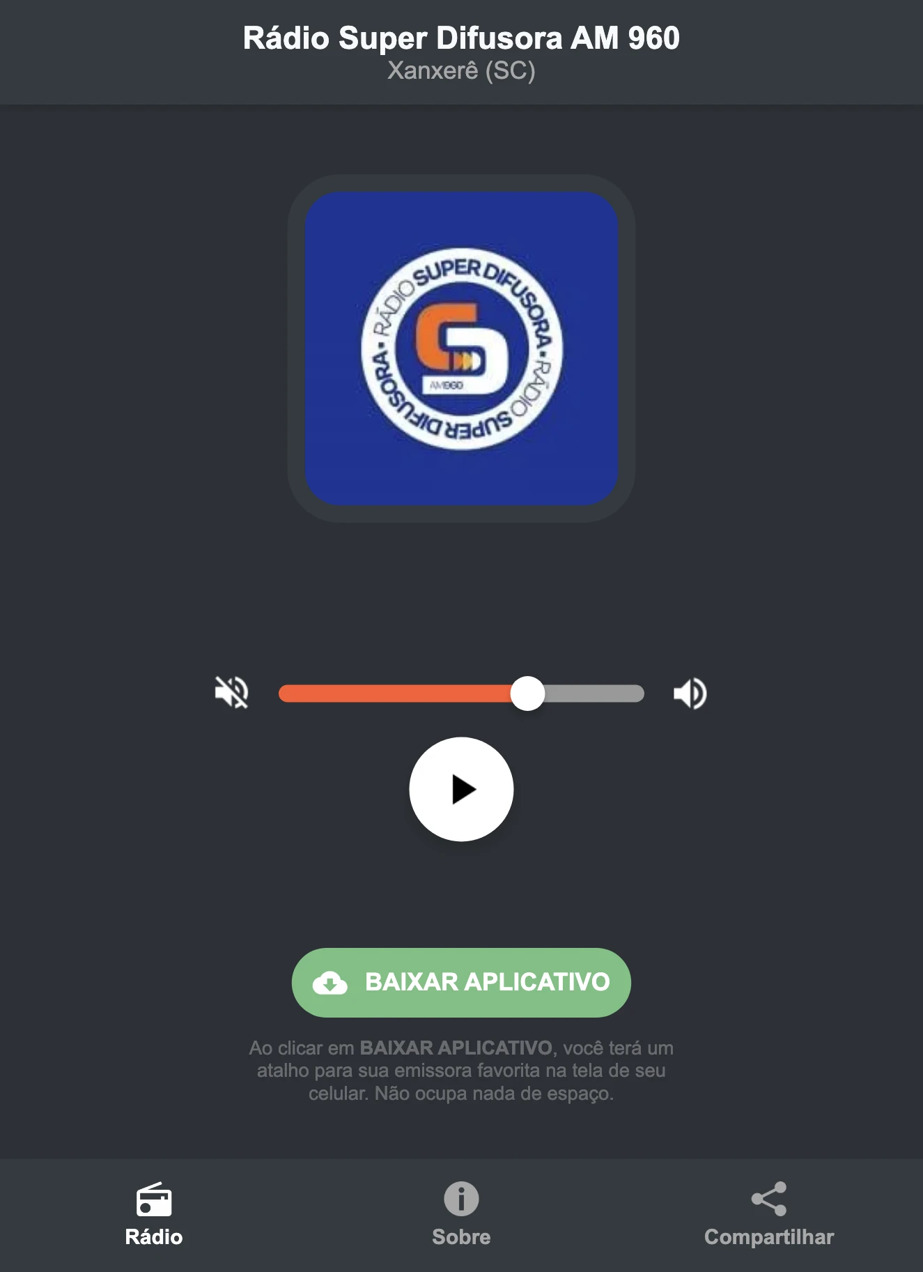 Screenshot do aplicativo da Rádio Super Difusora AM 960