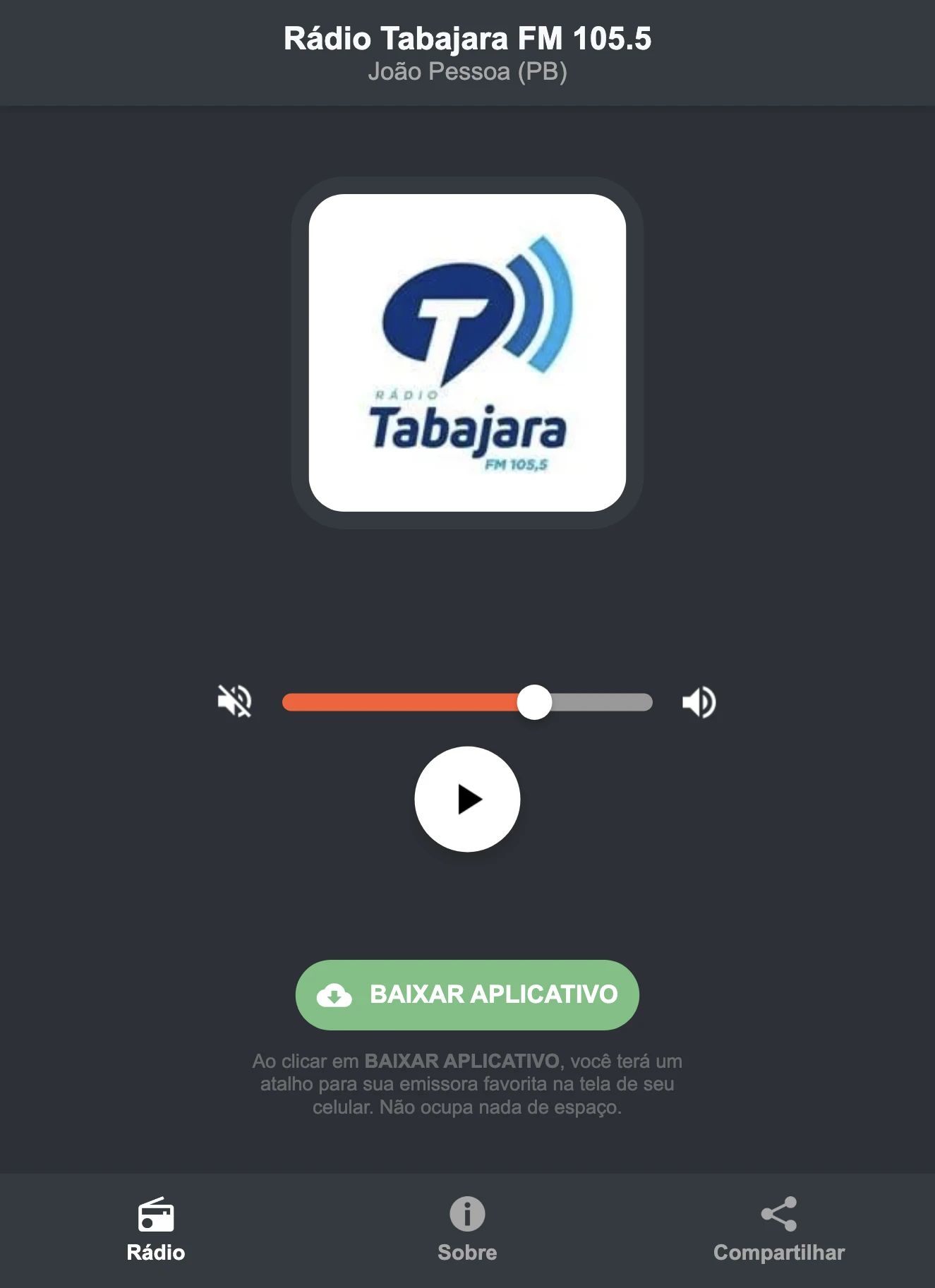 Screenshot do aplicativo da Rádio Tabajara FM 105.5