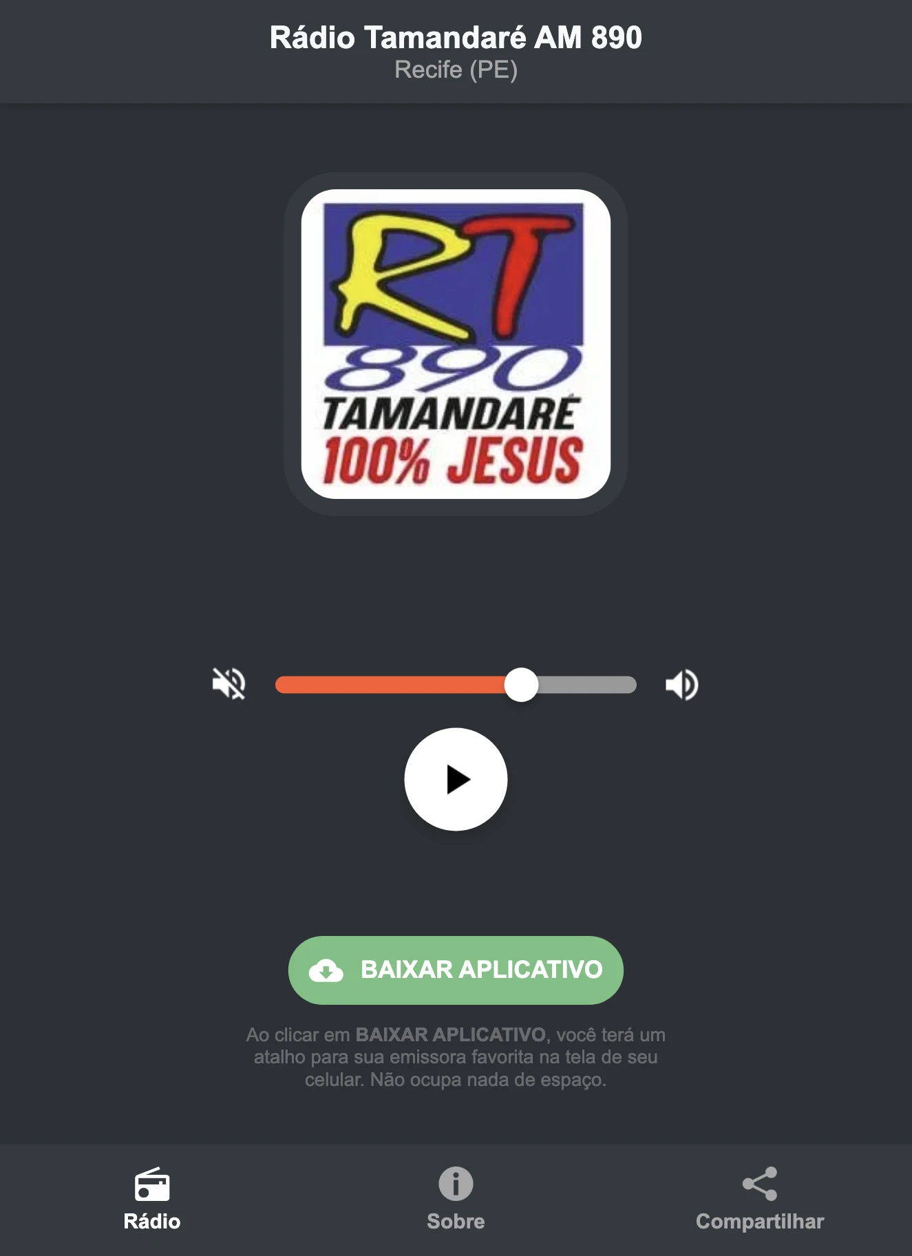 Screenshot do aplicativo da Rádio Tamandaré AM 890
