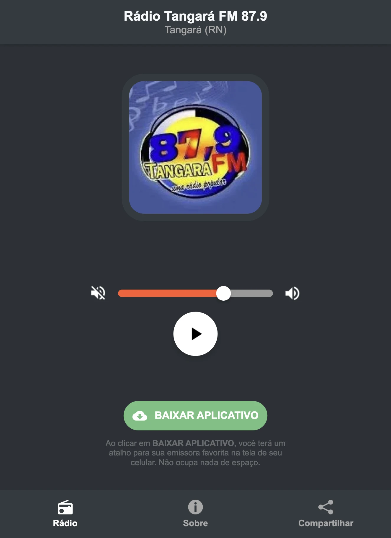 Screenshot do aplicativo da Rádio Tangará FM 87.9