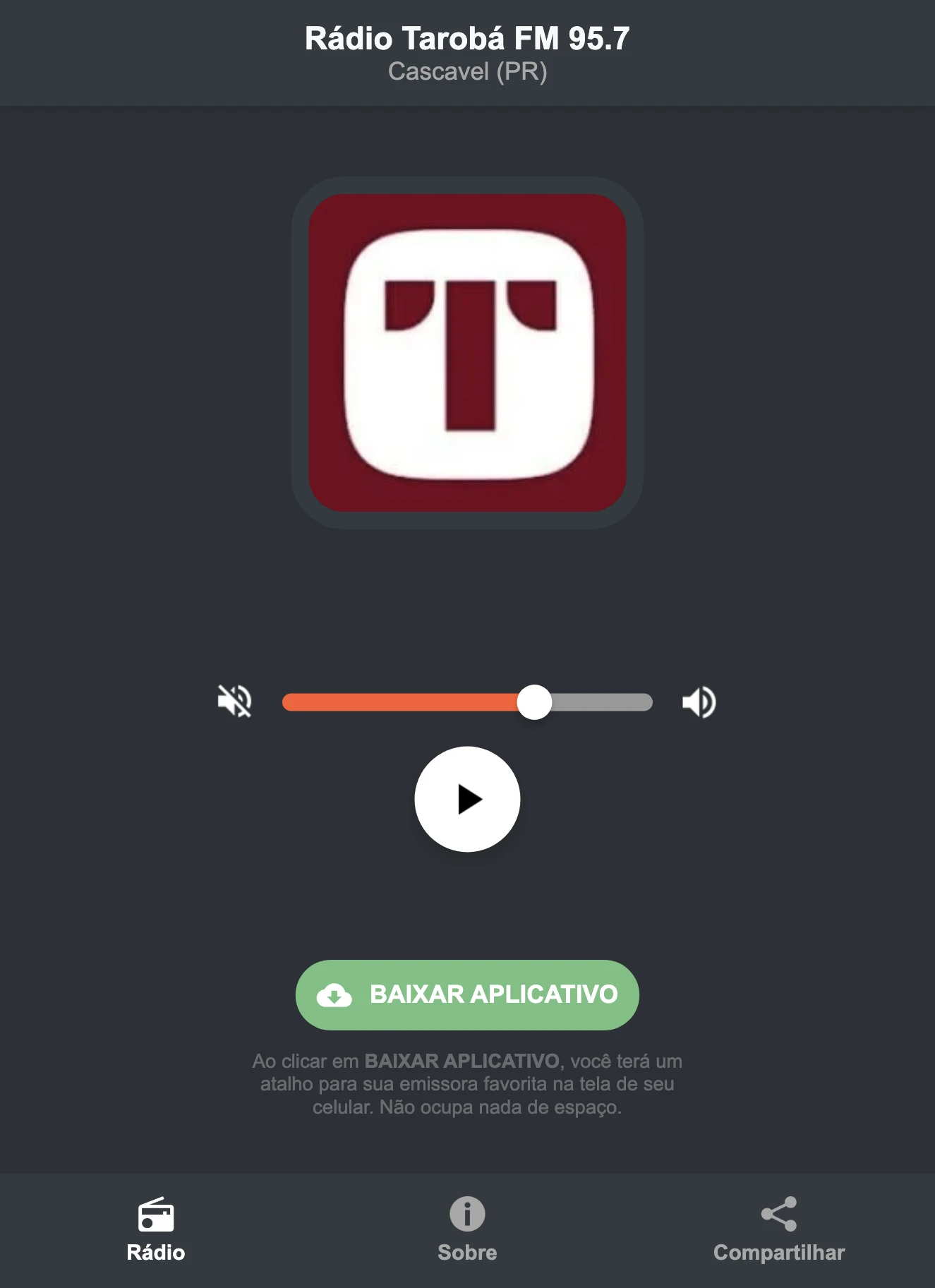 Screenshot do aplicativo da Rádio Tarobá FM 95.7