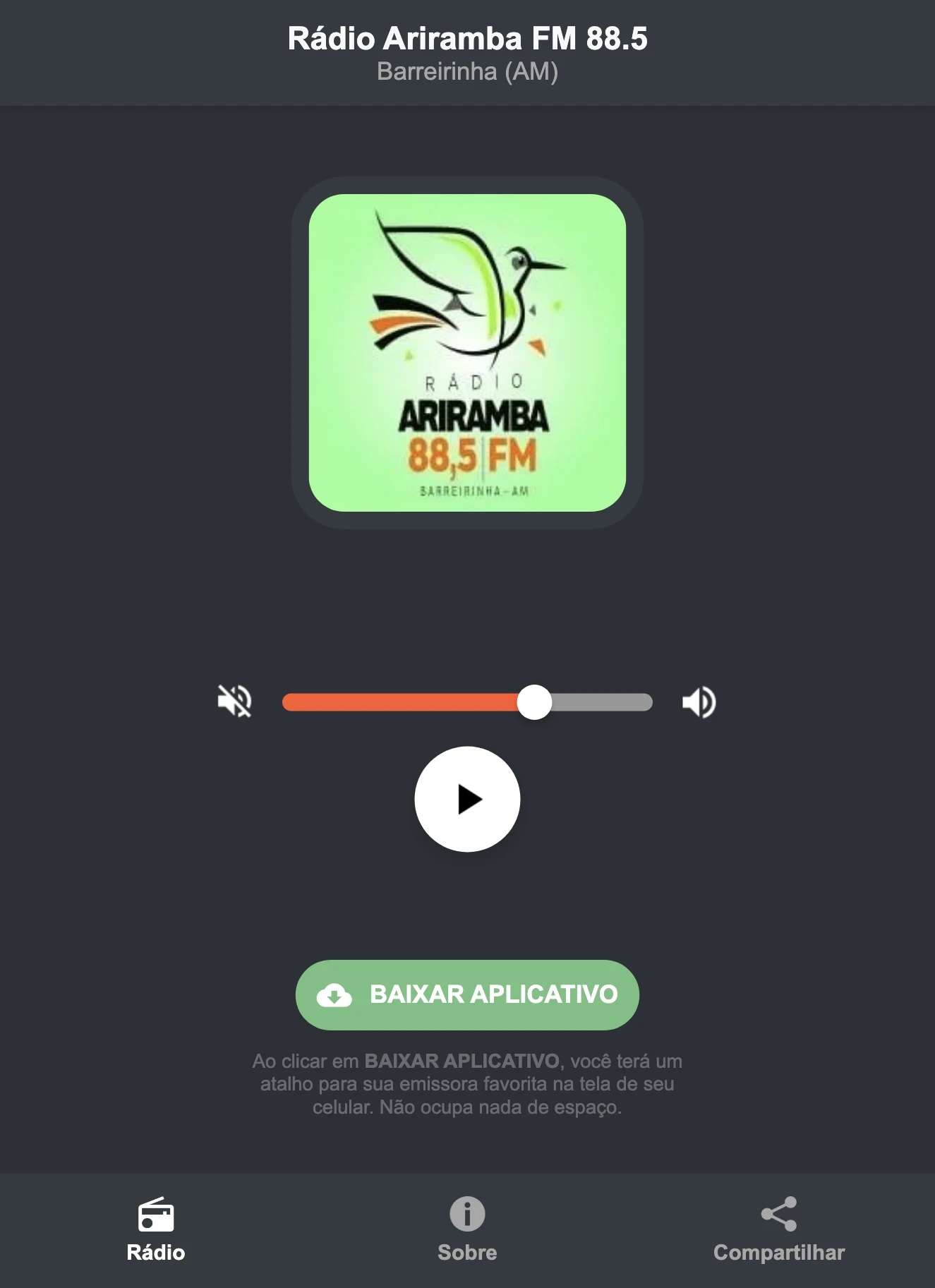 Screenshot do aplicativo da Rádio Ariramba FM 88.5