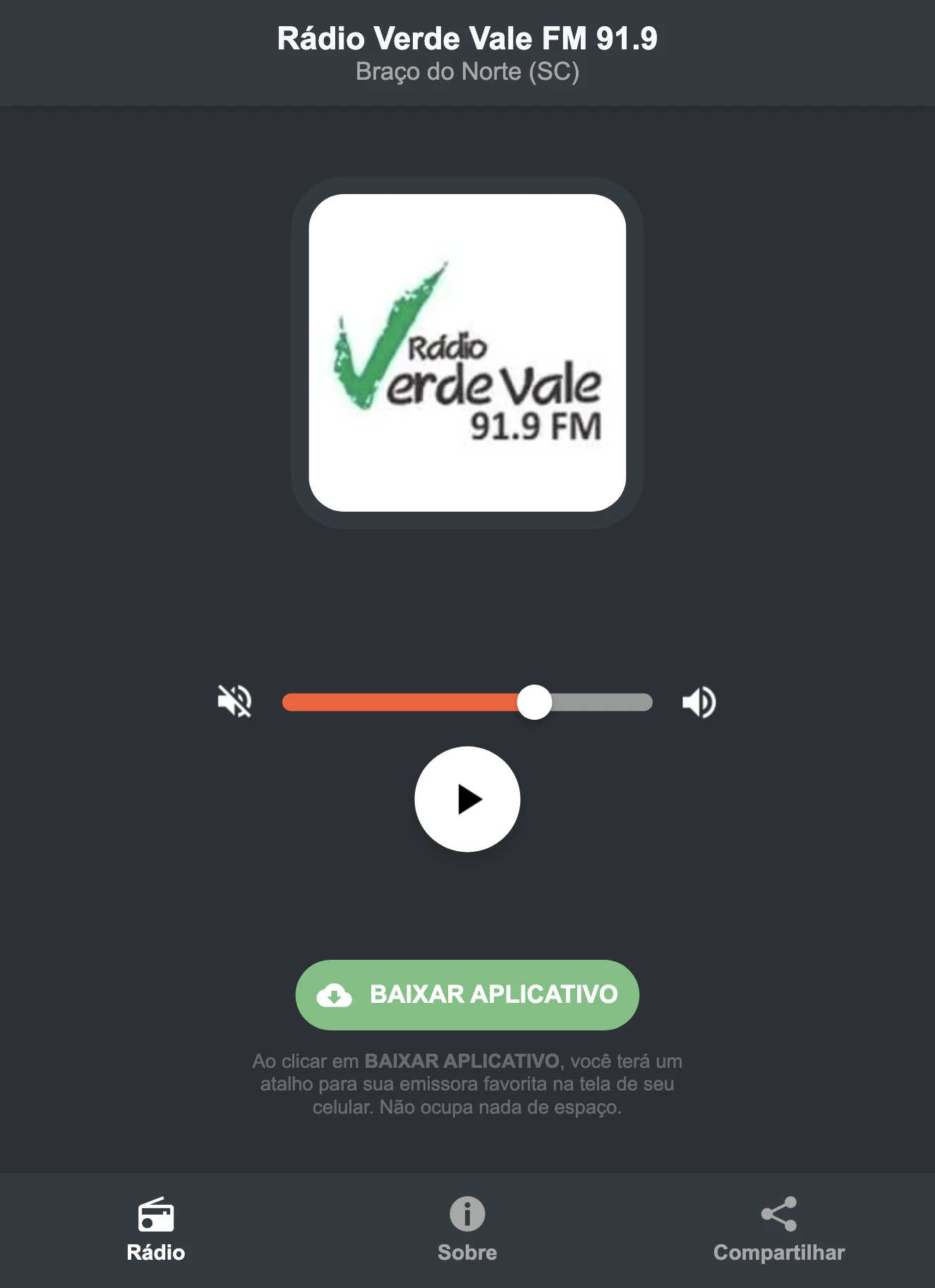 Screenshot do aplicativo da Rádio Verde Vale FM 91.9