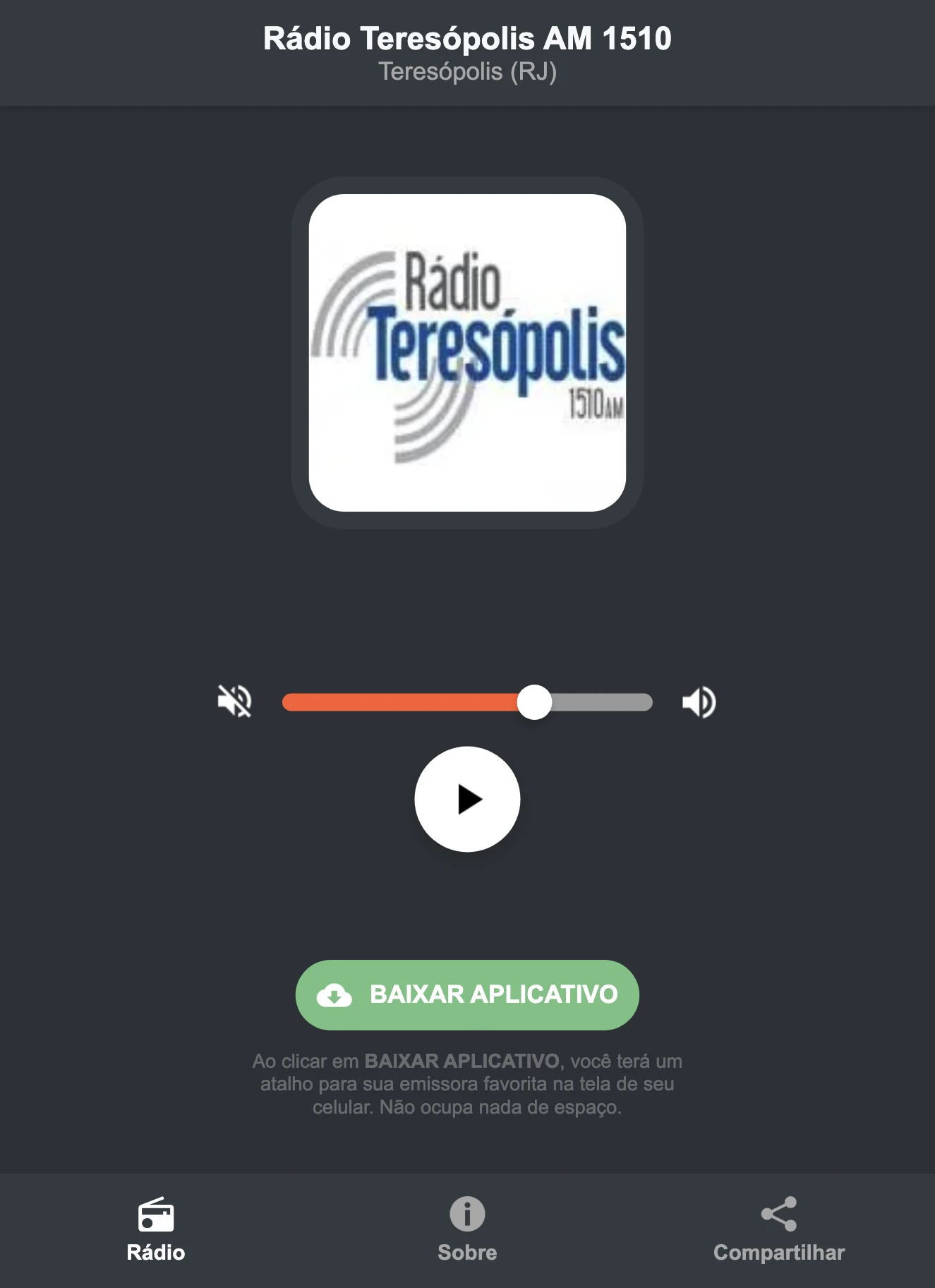 Screenshot do aplicativo da Rádio Teresópolis AM 1510