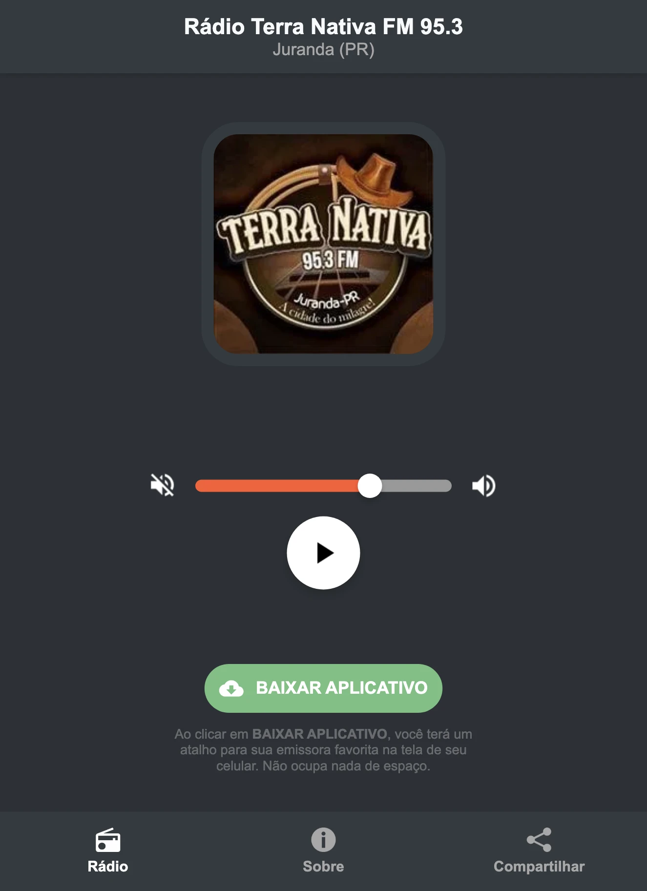 Screenshot do aplicativo da Rádio Terra Nativa FM 95.3