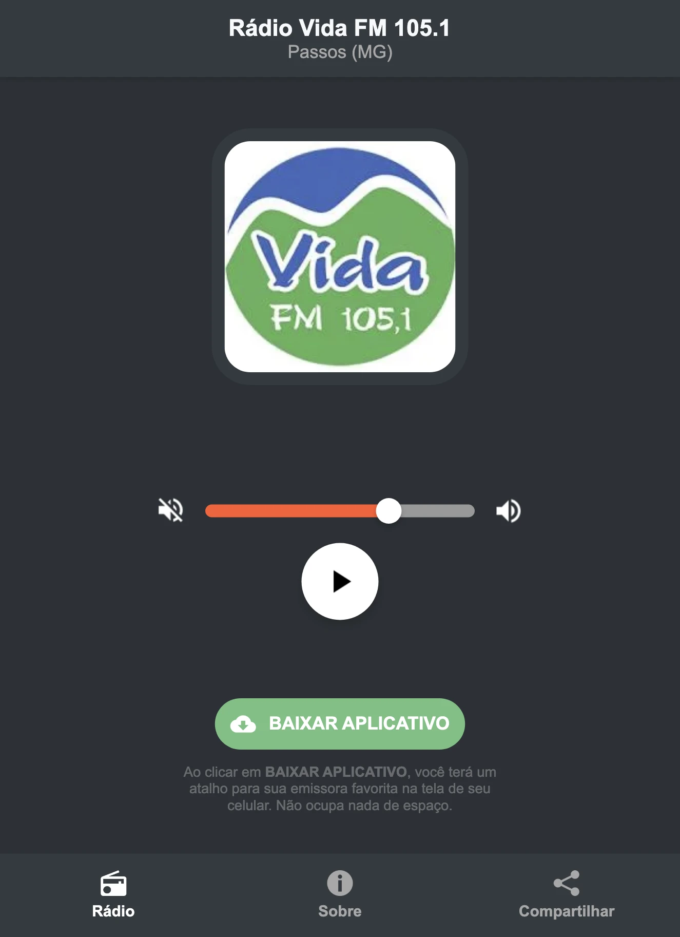 Screenshot do aplicativo da Rádio Vida FM 105.1