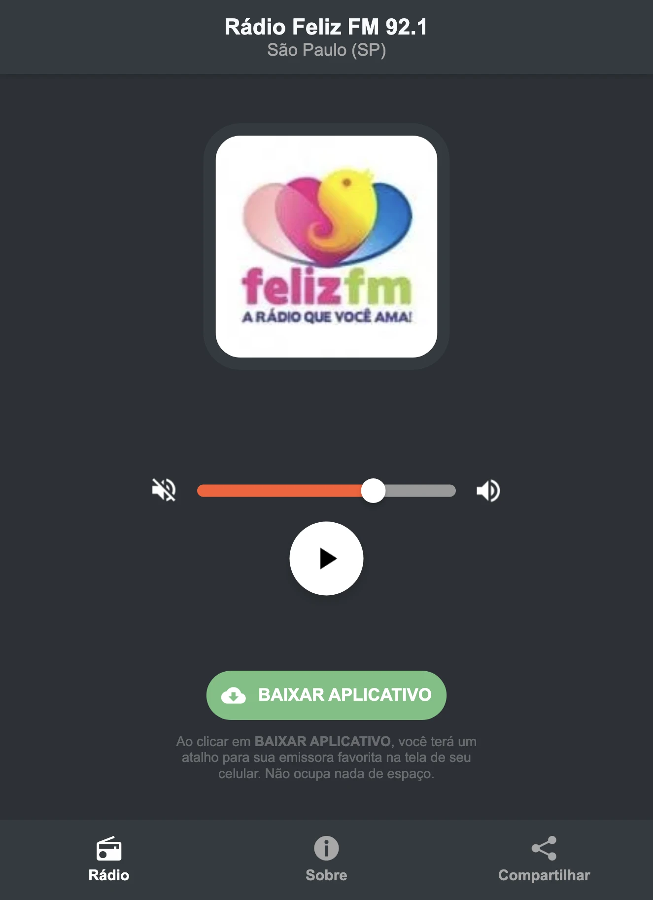 Screenshot do aplicativo da Rádio Feliz FM 92.1