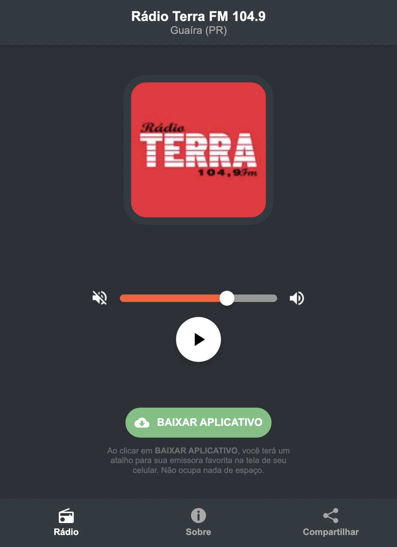 Screenshot do aplicativo da Rádio Terra FM 104.9