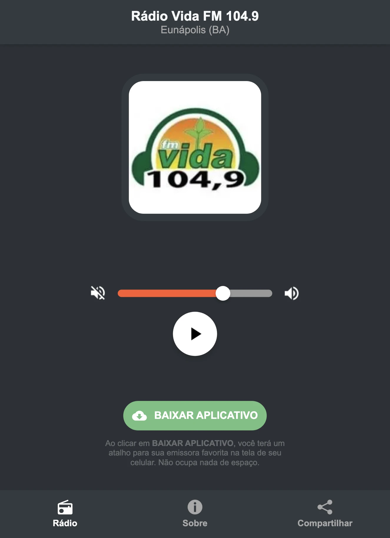 Screenshot do aplicativo da Rádio Vida FM 104.9