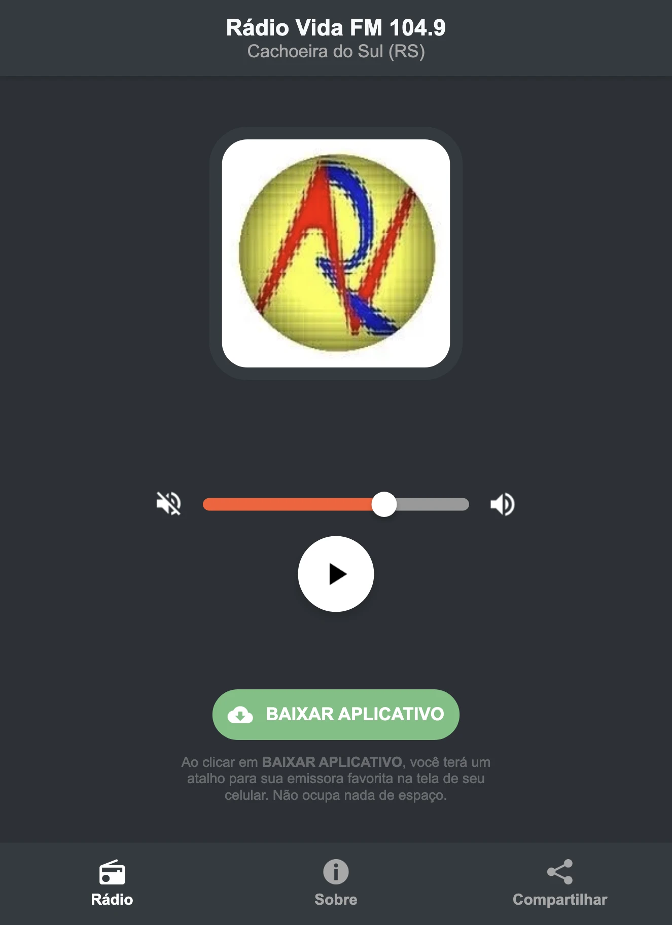 Screenshot do aplicativo da Rádio Vida FM 104.9