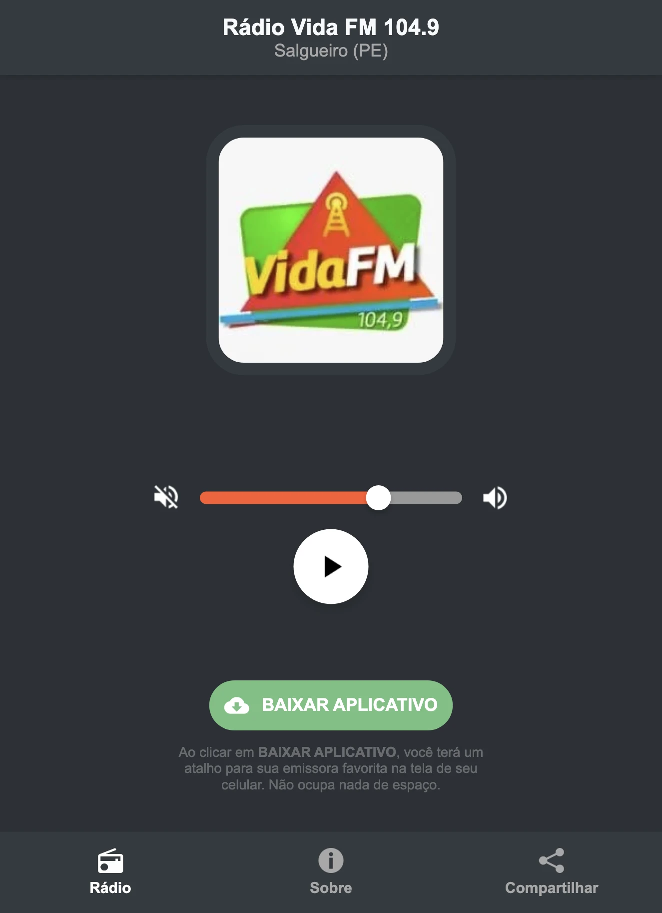 Screenshot do aplicativo da Rádio Vida FM 104.9
