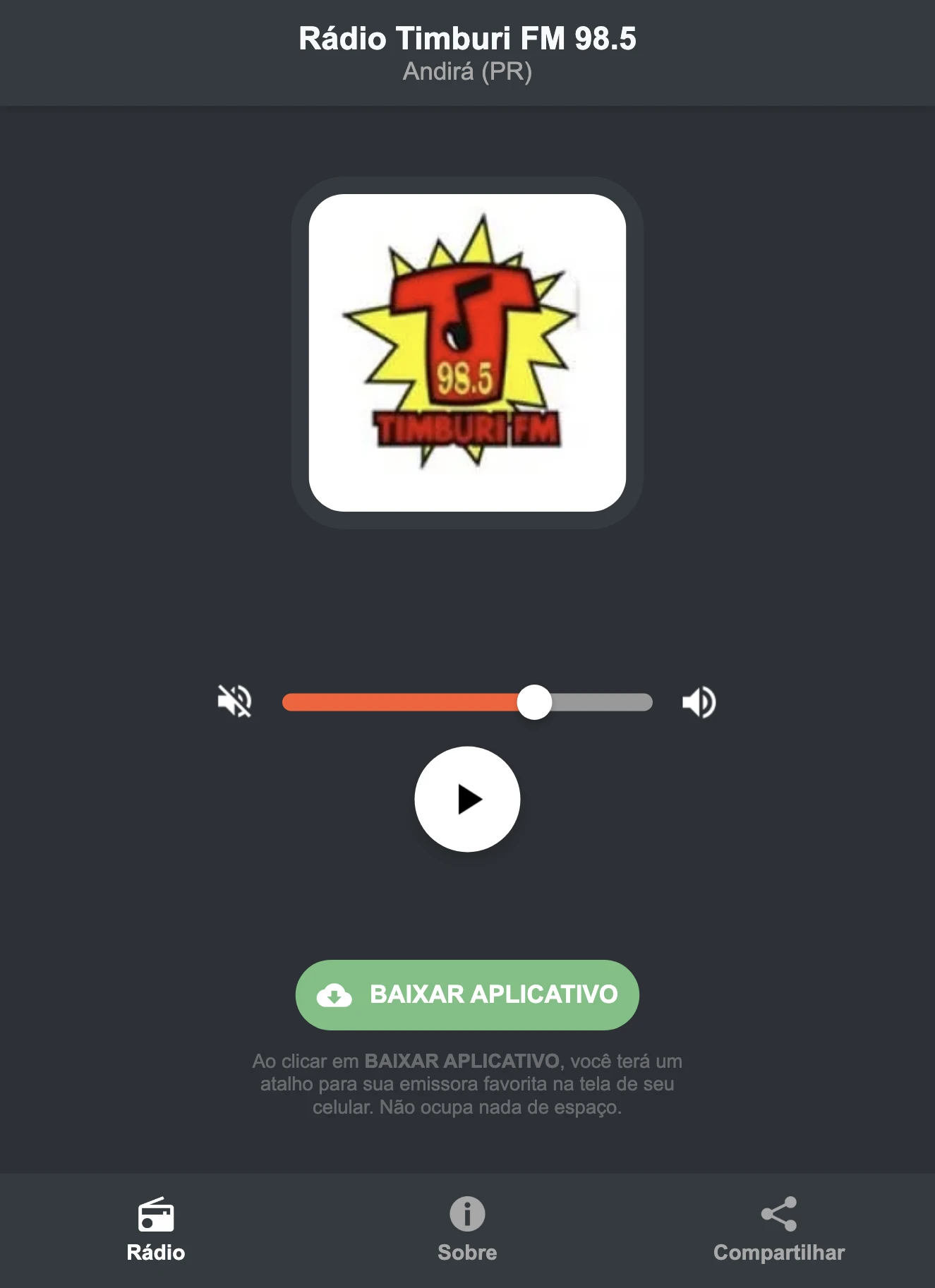 Screenshot do aplicativo da Rádio Timburi FM 98.5