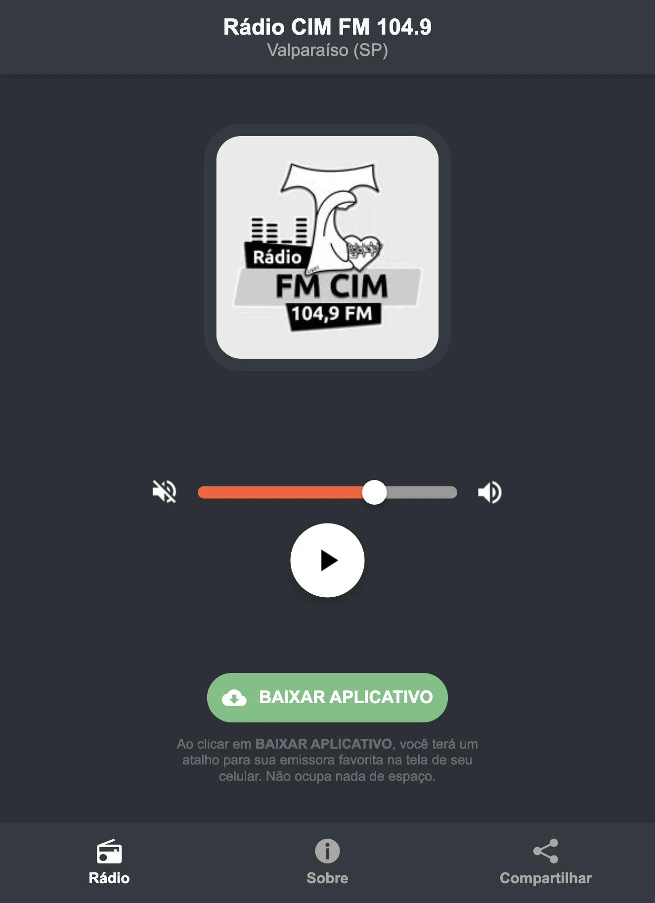 Screenshot do aplicativo da Rádio CIM FM 104.9