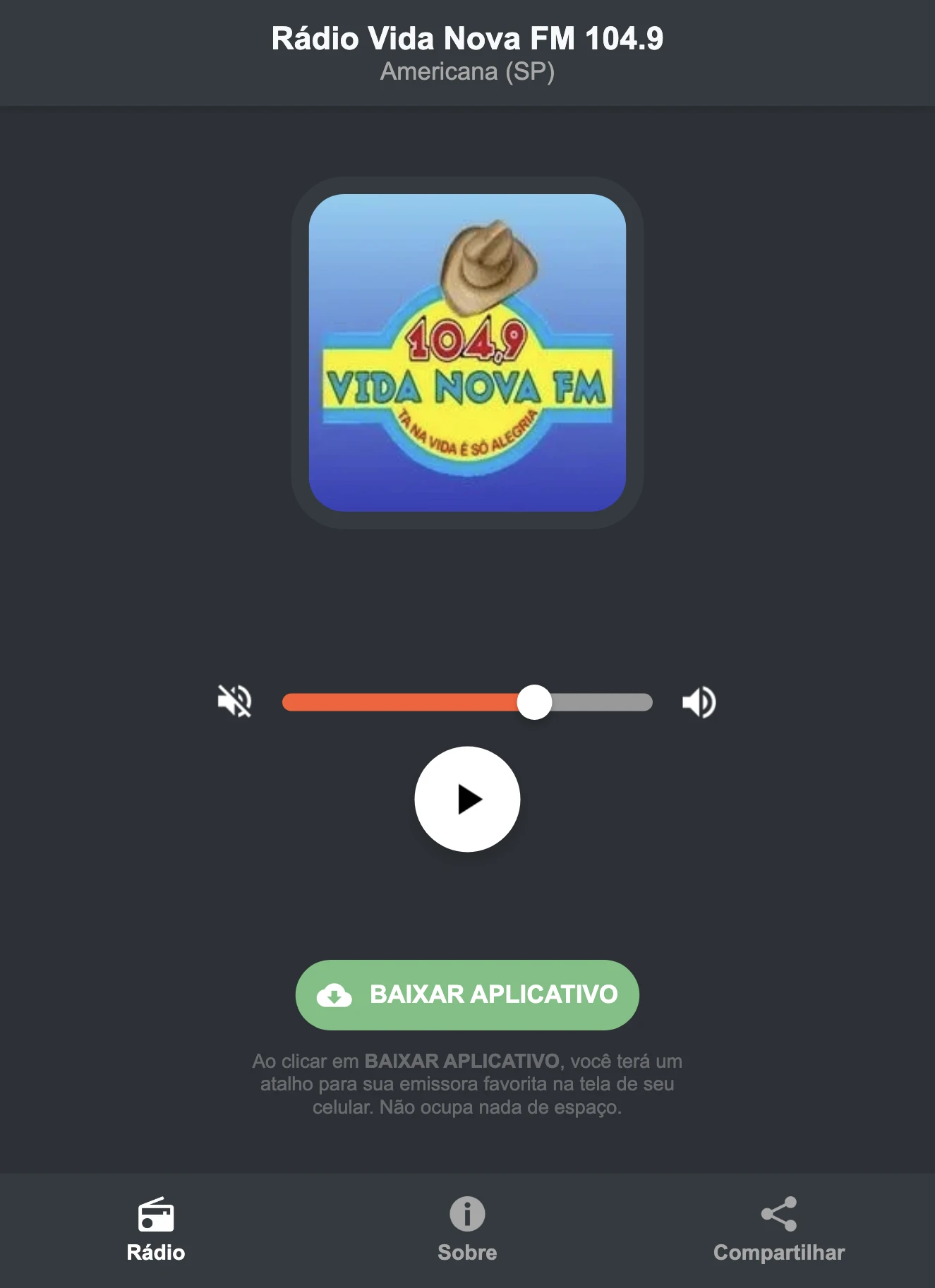 Screenshot do aplicativo da Rádio Vida Nova FM 104.9