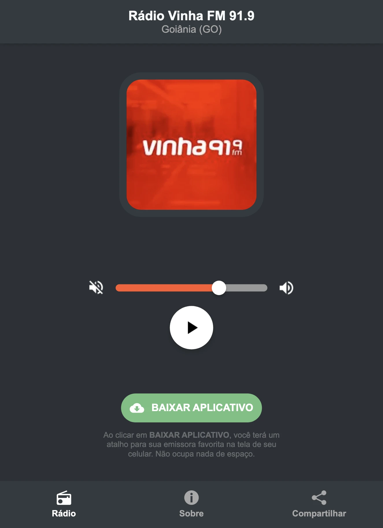 Screenshot do aplicativo da Rádio Vinha FM 91.9