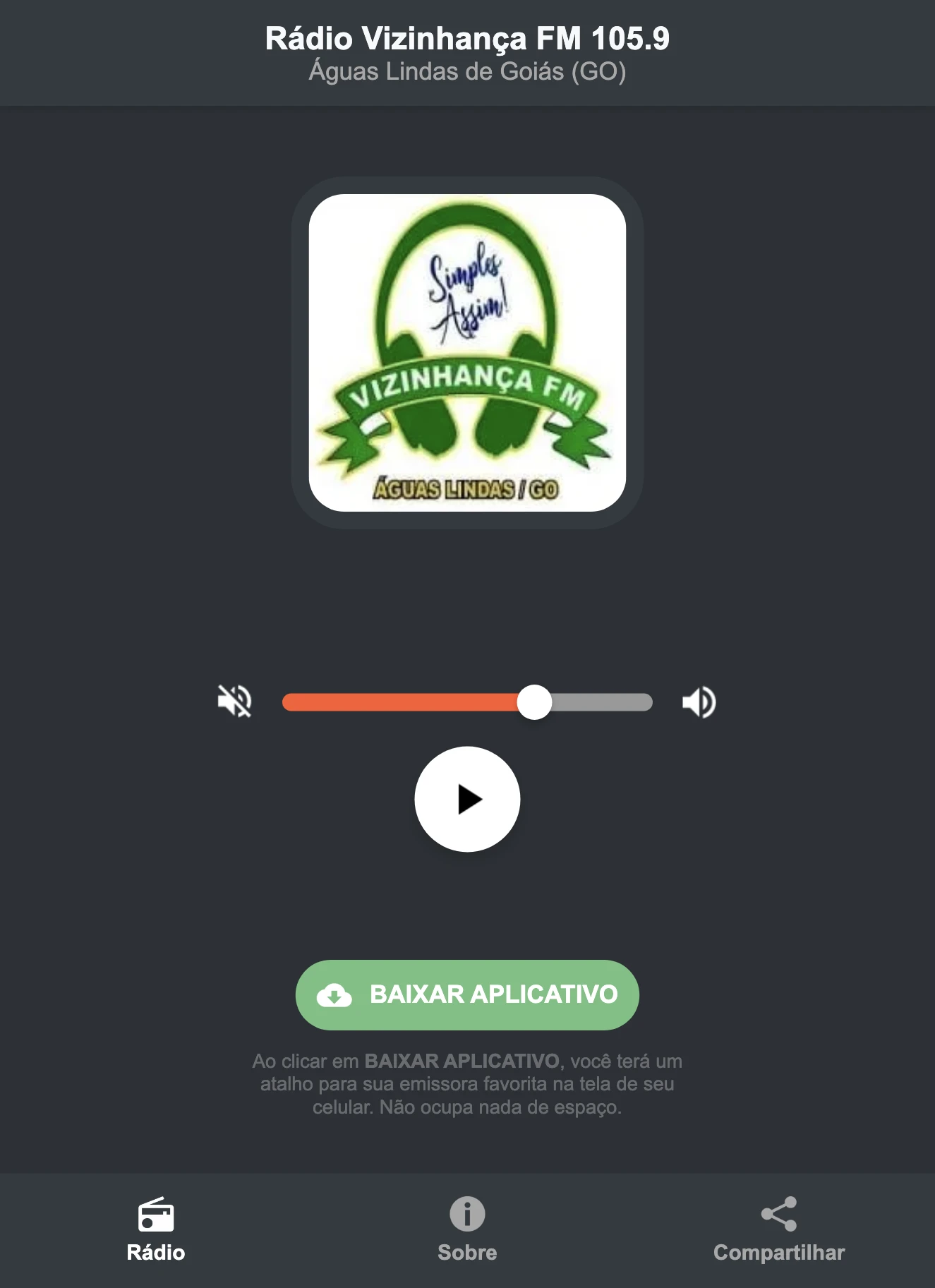 Screenshot do aplicativo da Rádio Vizinhança FM 105.9