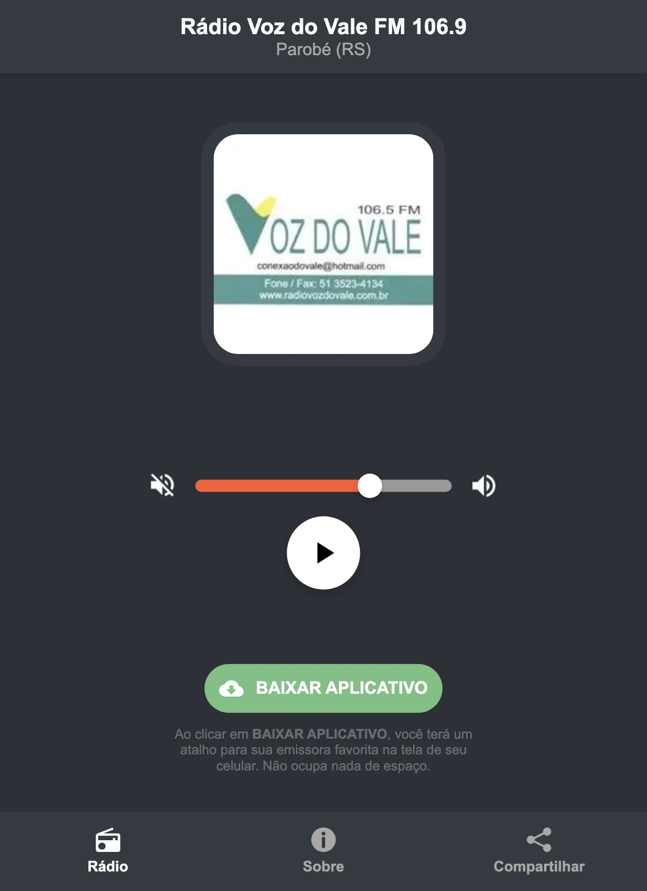Screenshot do aplicativo da Rádio Voz do Vale FM 106.9