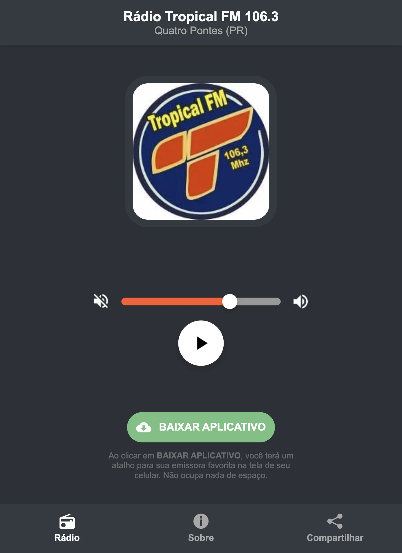 Screenshot do aplicativo da Rádio Tropical FM 106.3
