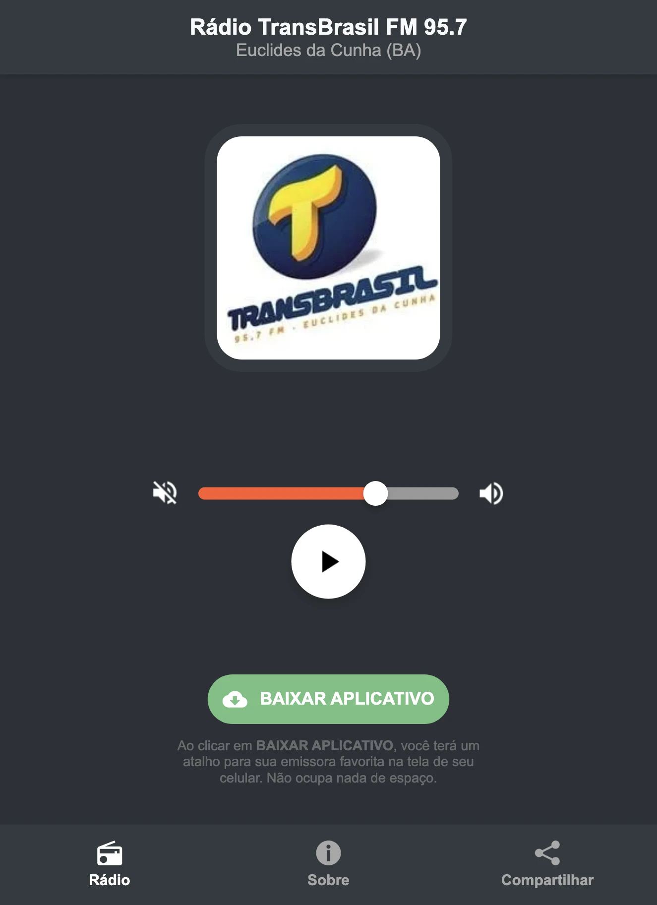 Screenshot do aplicativo da Rádio TransBrasil FM 95.7