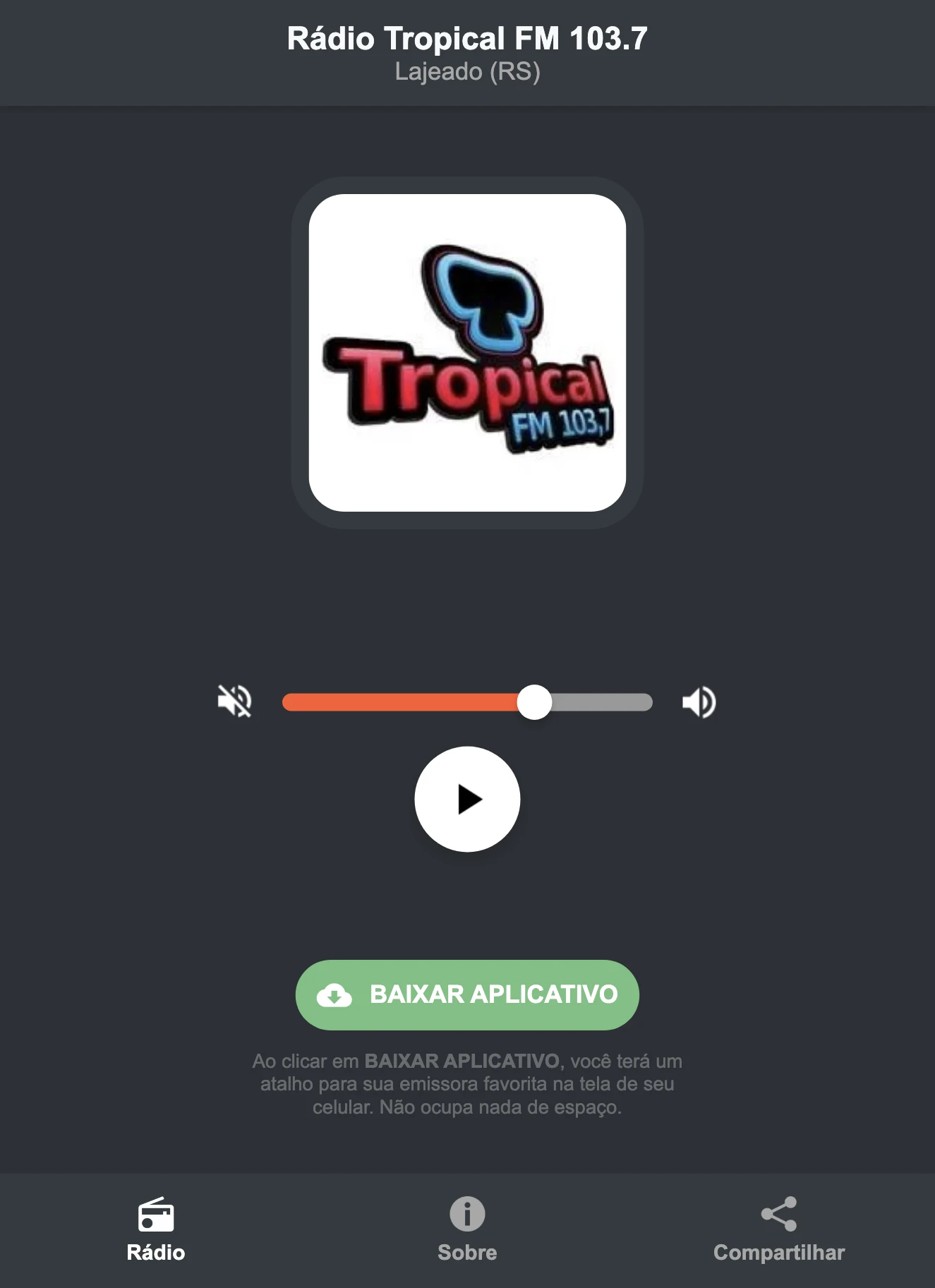 Screenshot do aplicativo da Rádio Tropical FM 103.7