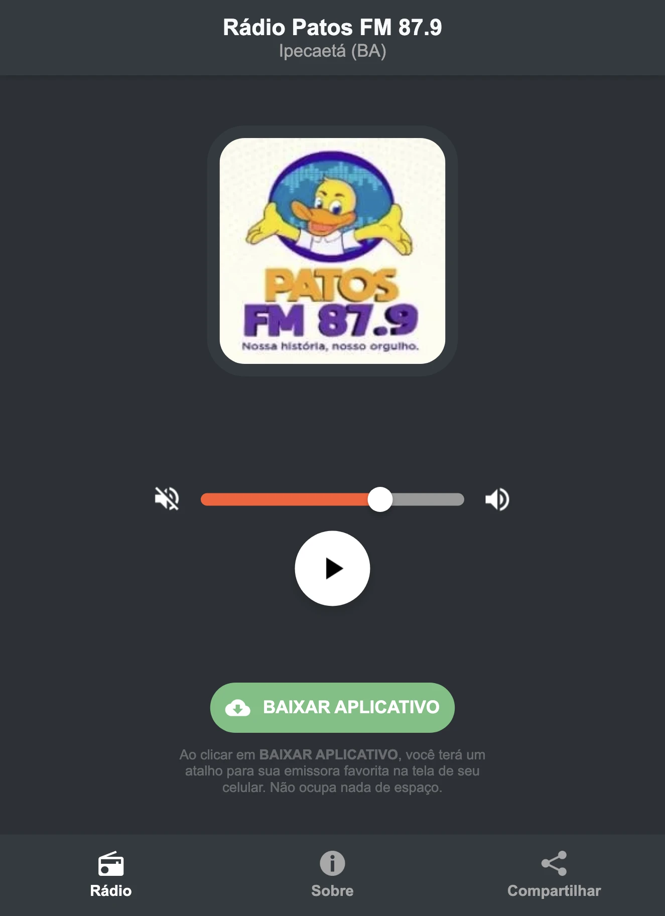 Screenshot do aplicativo da Rádio Patos FM 87.9