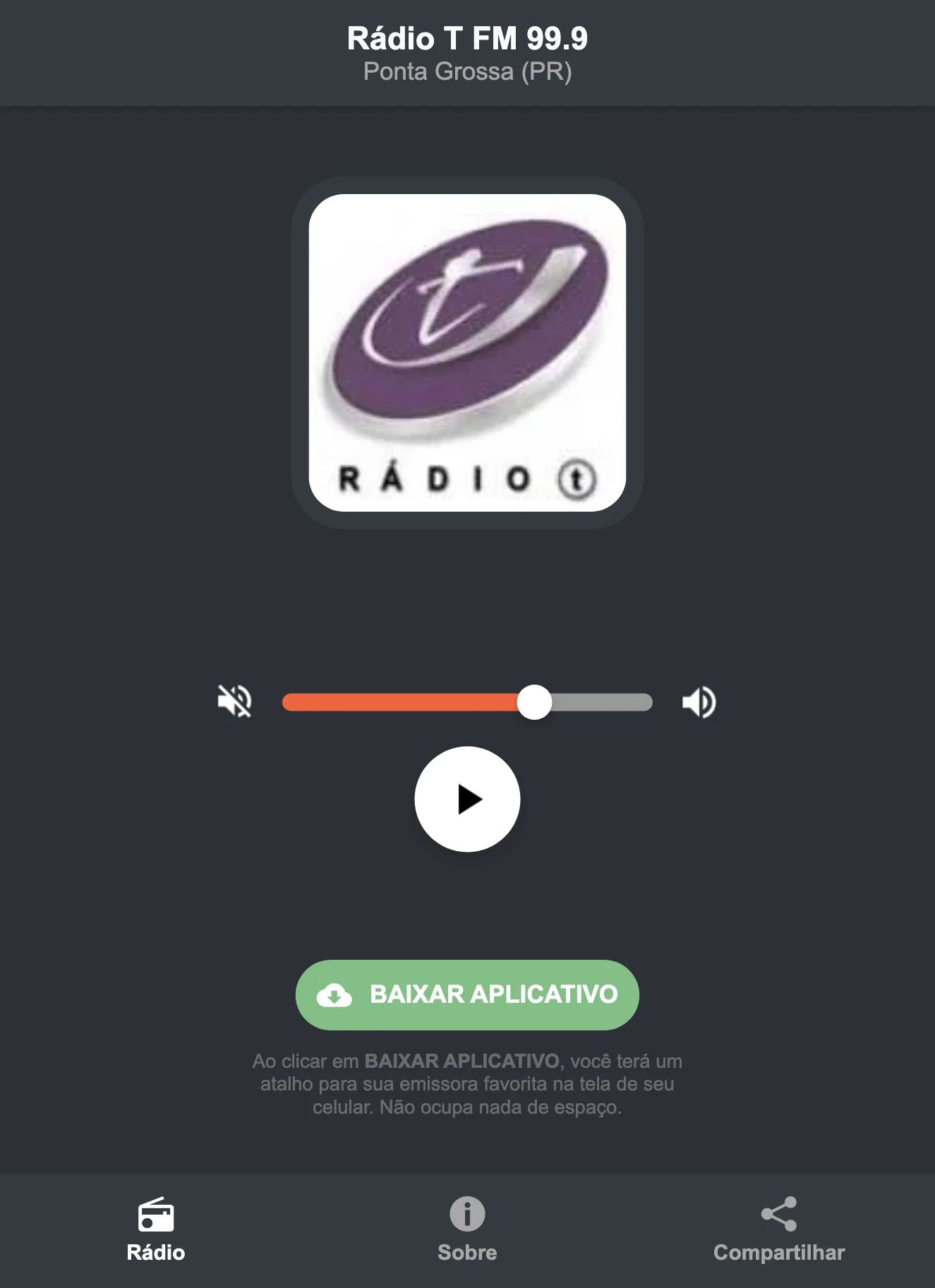 Screenshot do aplicativo da Rádio T FM 99.9