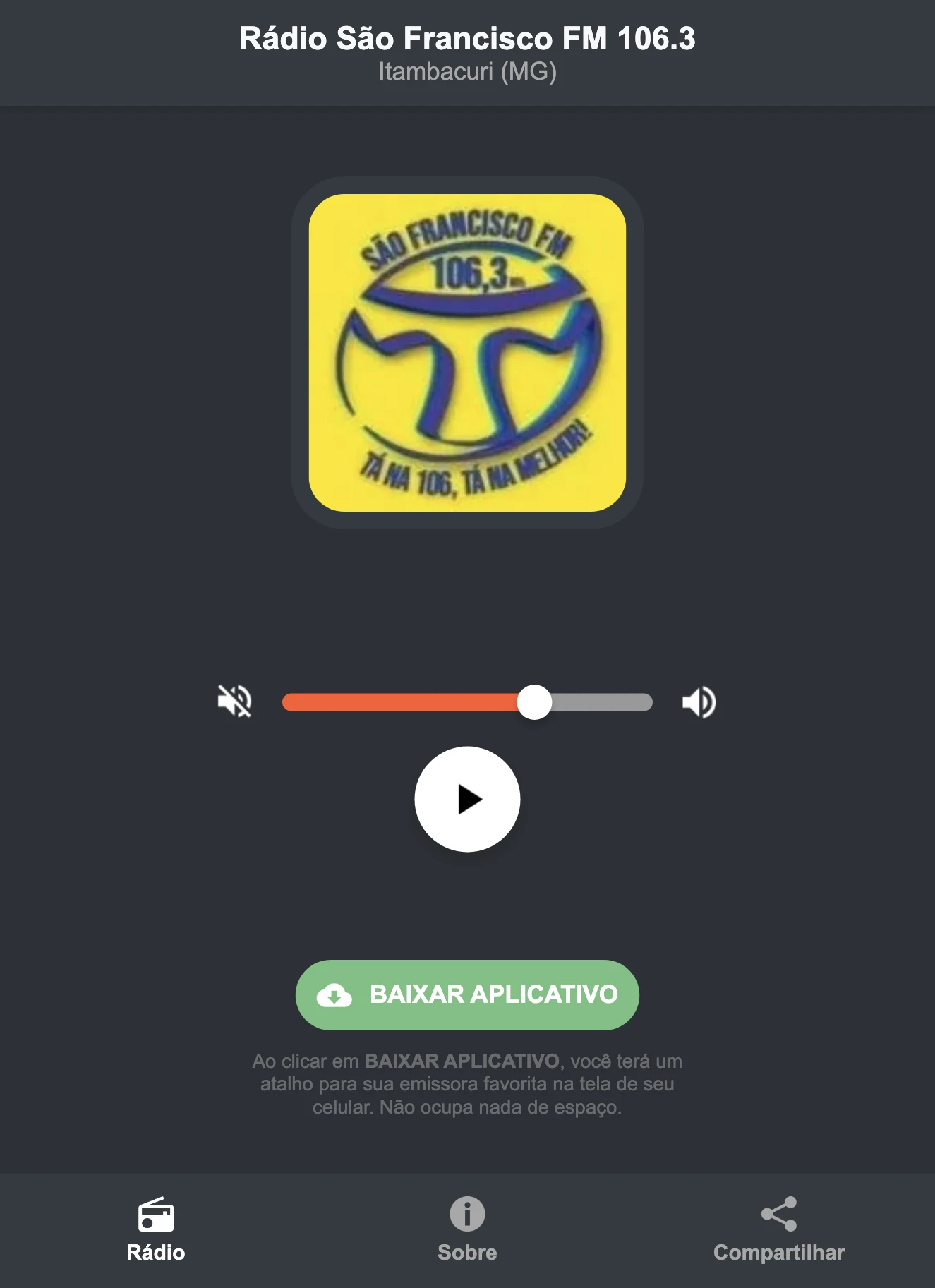 Screenshot do aplicativo da Rádio São Francisco FM 106.3