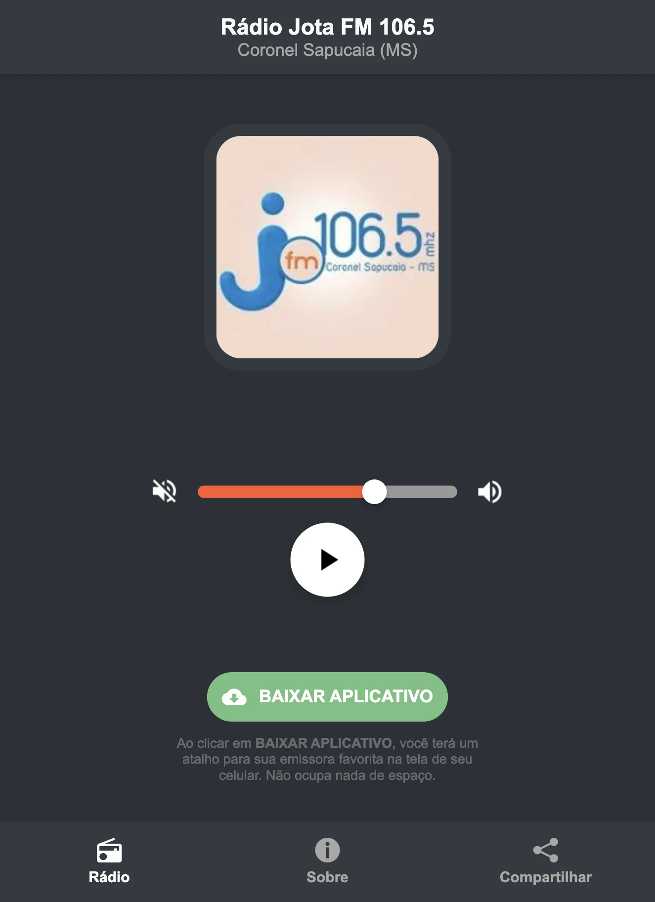 Screenshot do aplicativo da Rádio Jota FM 106.5