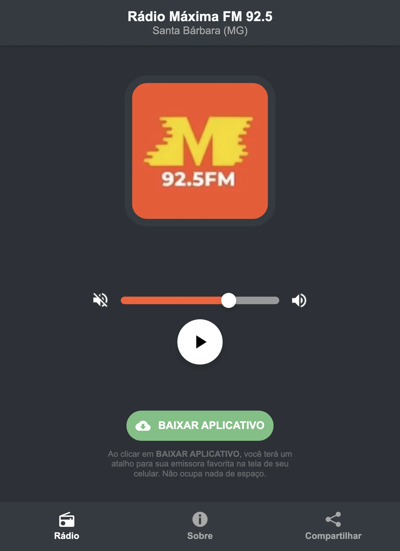 Screenshot do aplicativo da Rádio Máxima FM 92.5
