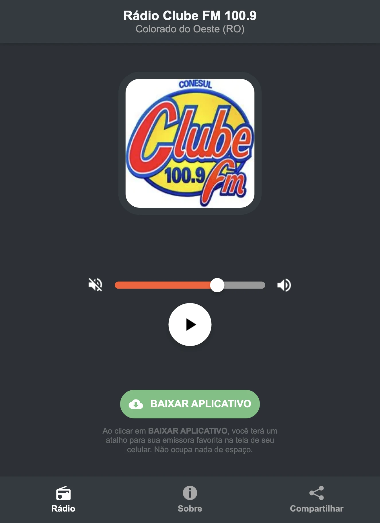 Screenshot do aplicativo da Rádio Clube FM 100.9