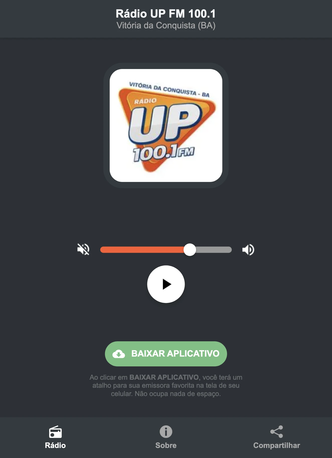 Screenshot do aplicativo da Rádio UP FM 100.1