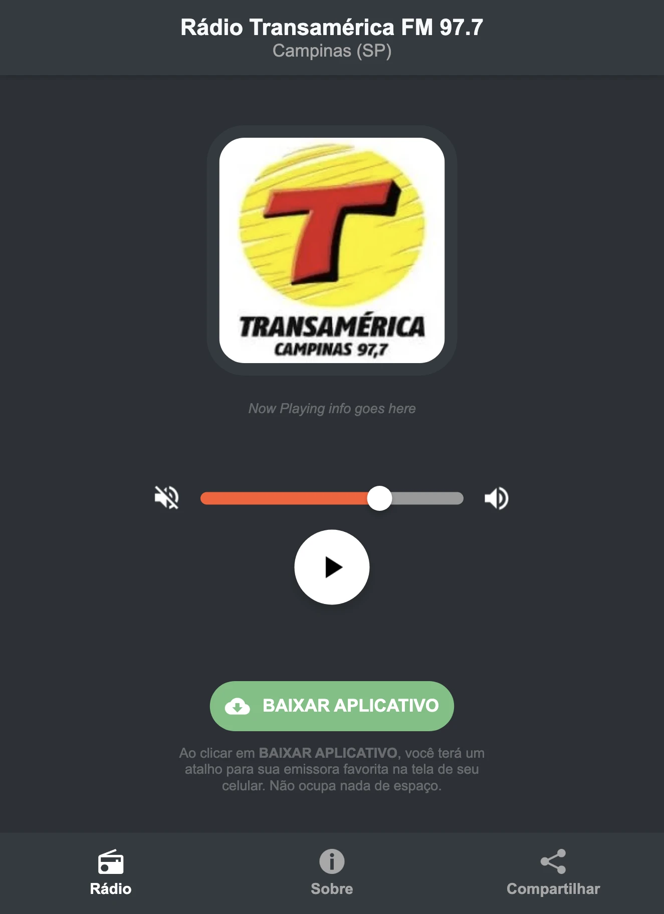 Screenshot do aplicativo da Rádio Transamérica FM 97.7