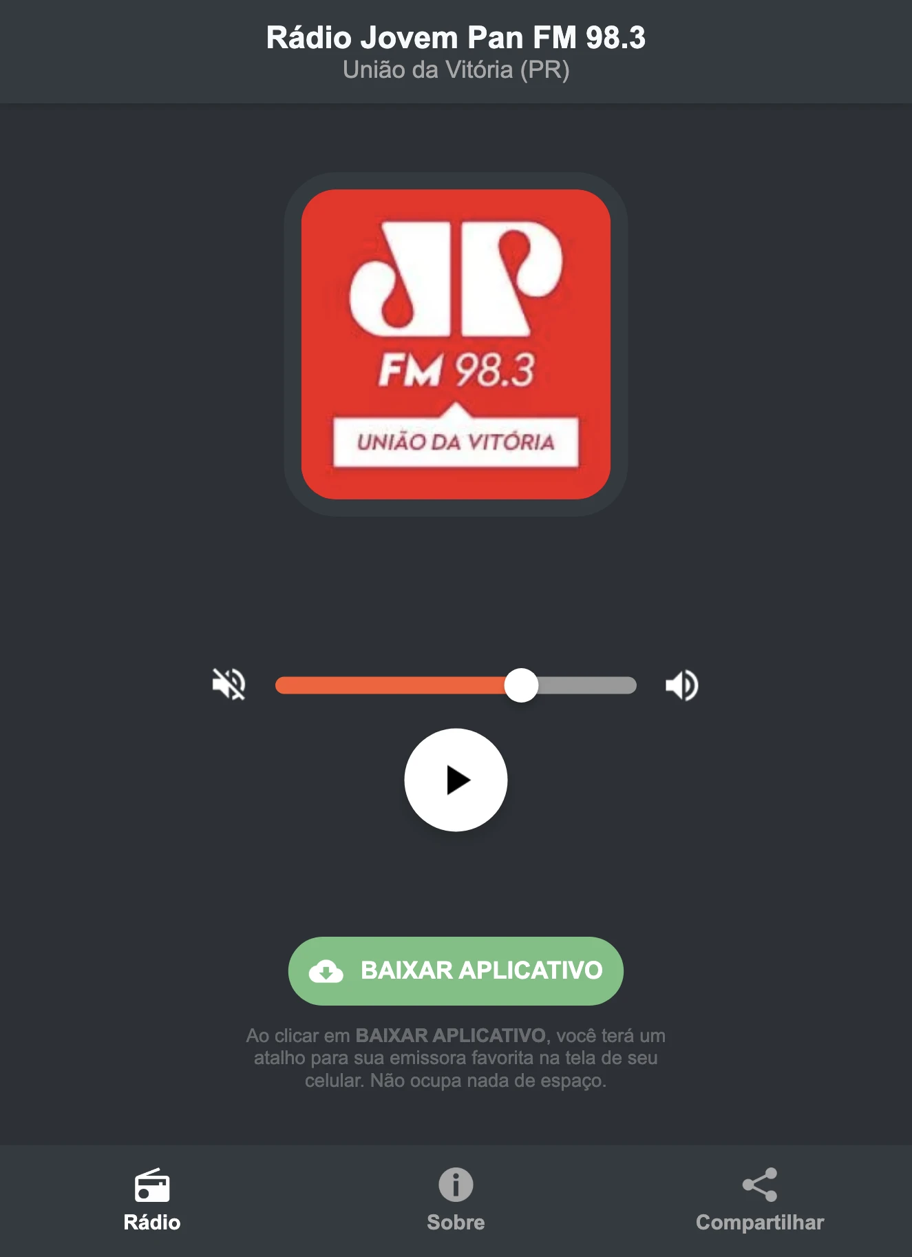 Screenshot do aplicativo da Rádio Jovem Pan FM 98.3