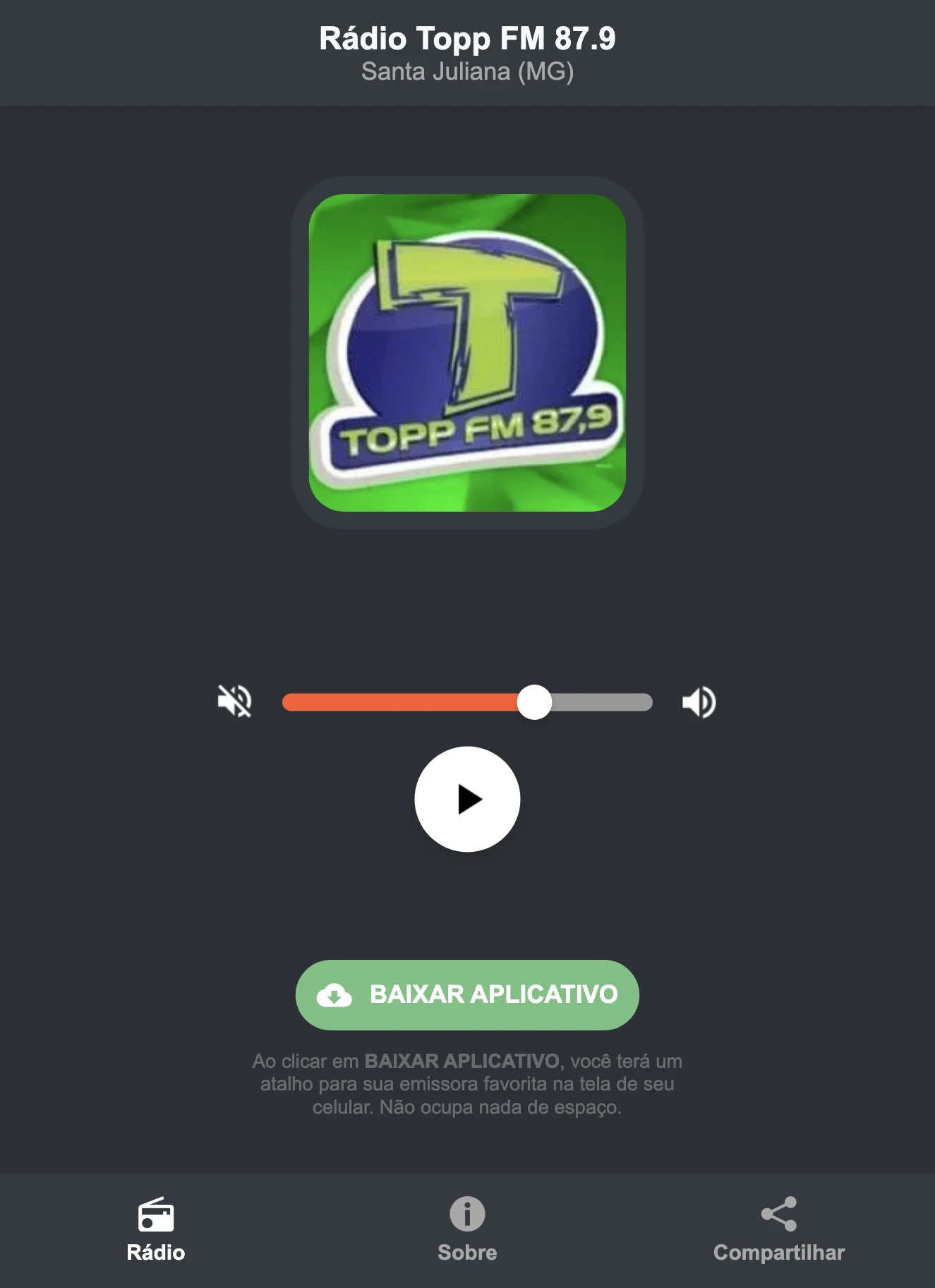 Screenshot do aplicativo da Rádio Topp FM 87.9