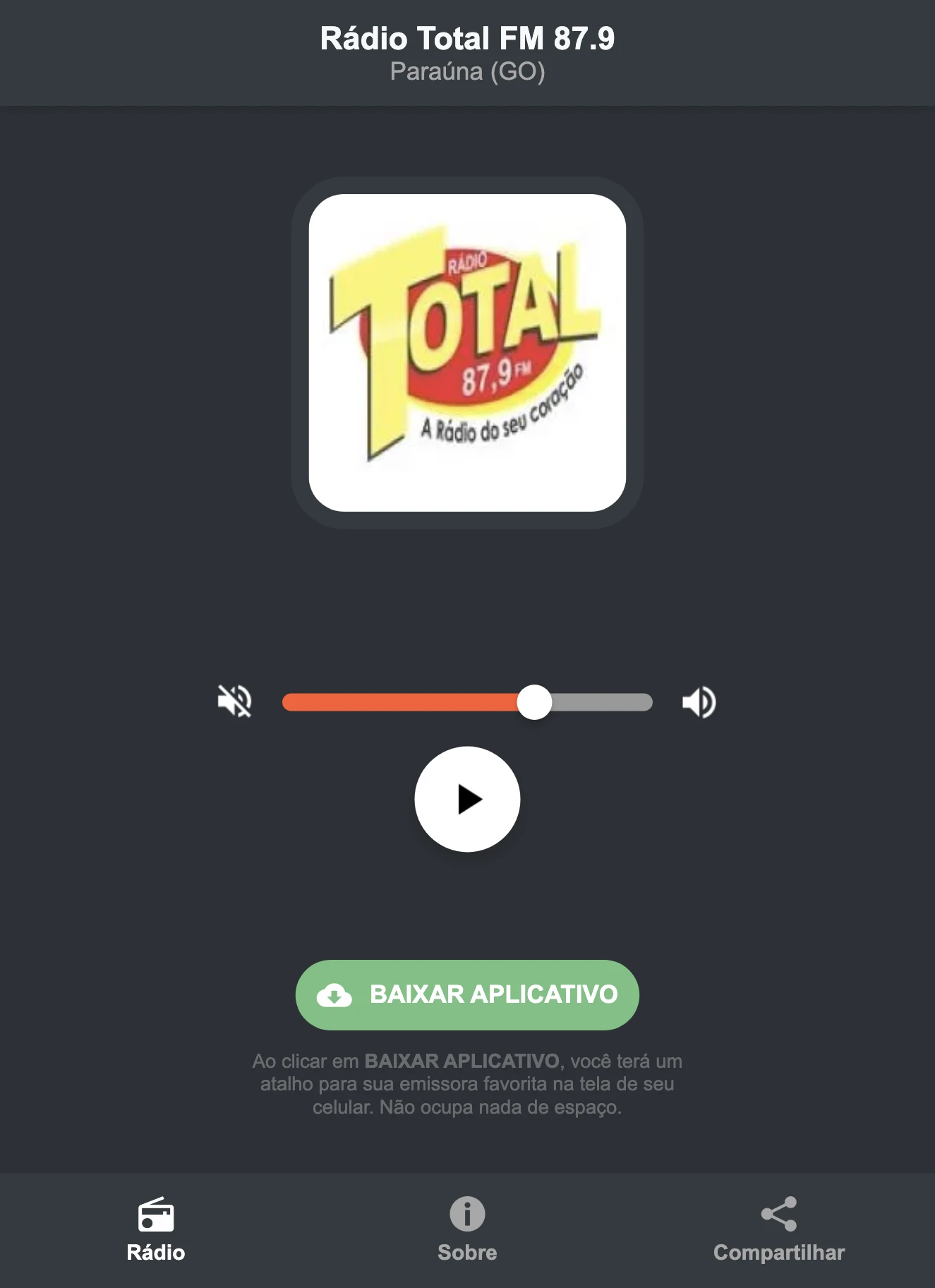 Screenshot do aplicativo da Rádio Total FM 87.9