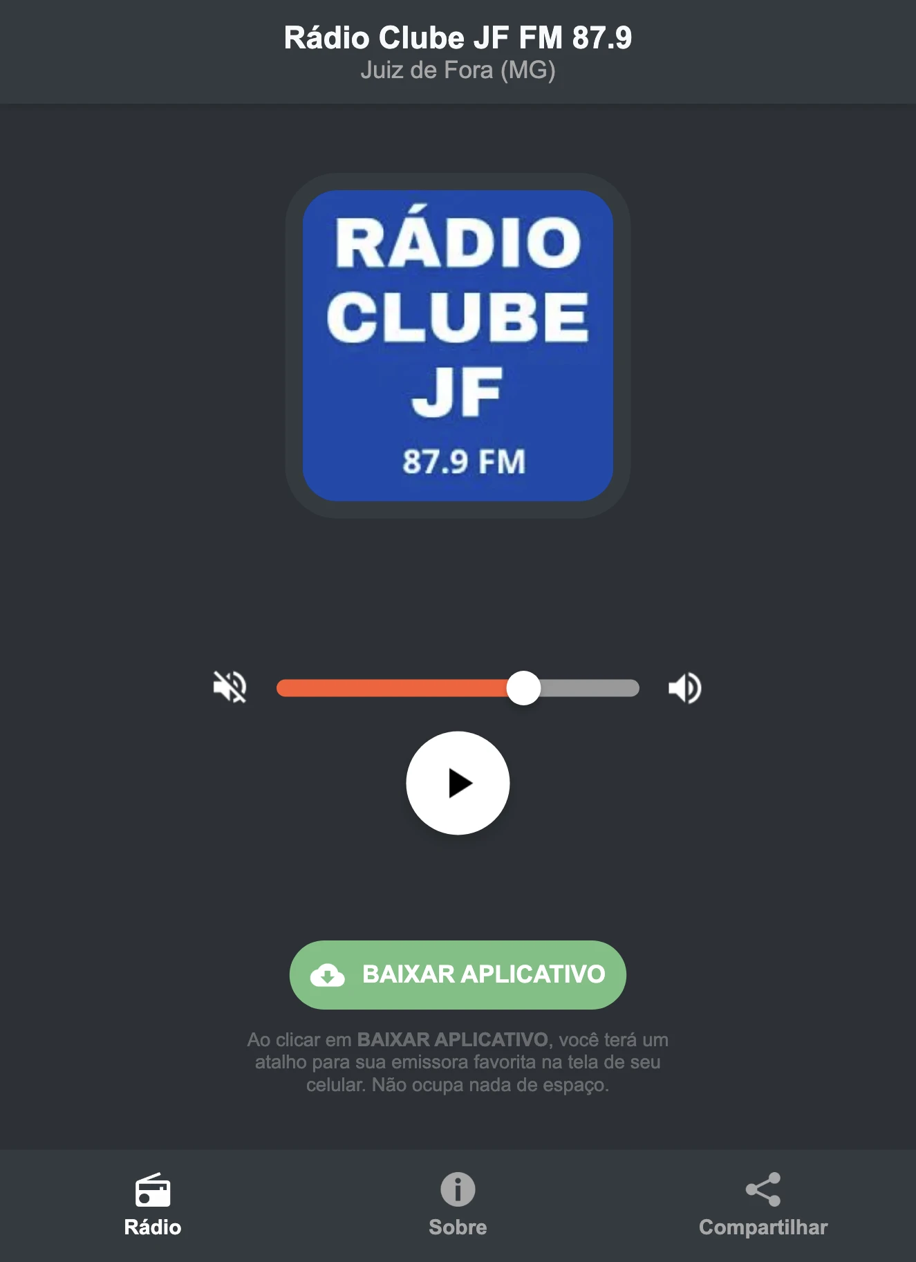 Screenshot do aplicativo da Rádio Clube JF FM 87.9