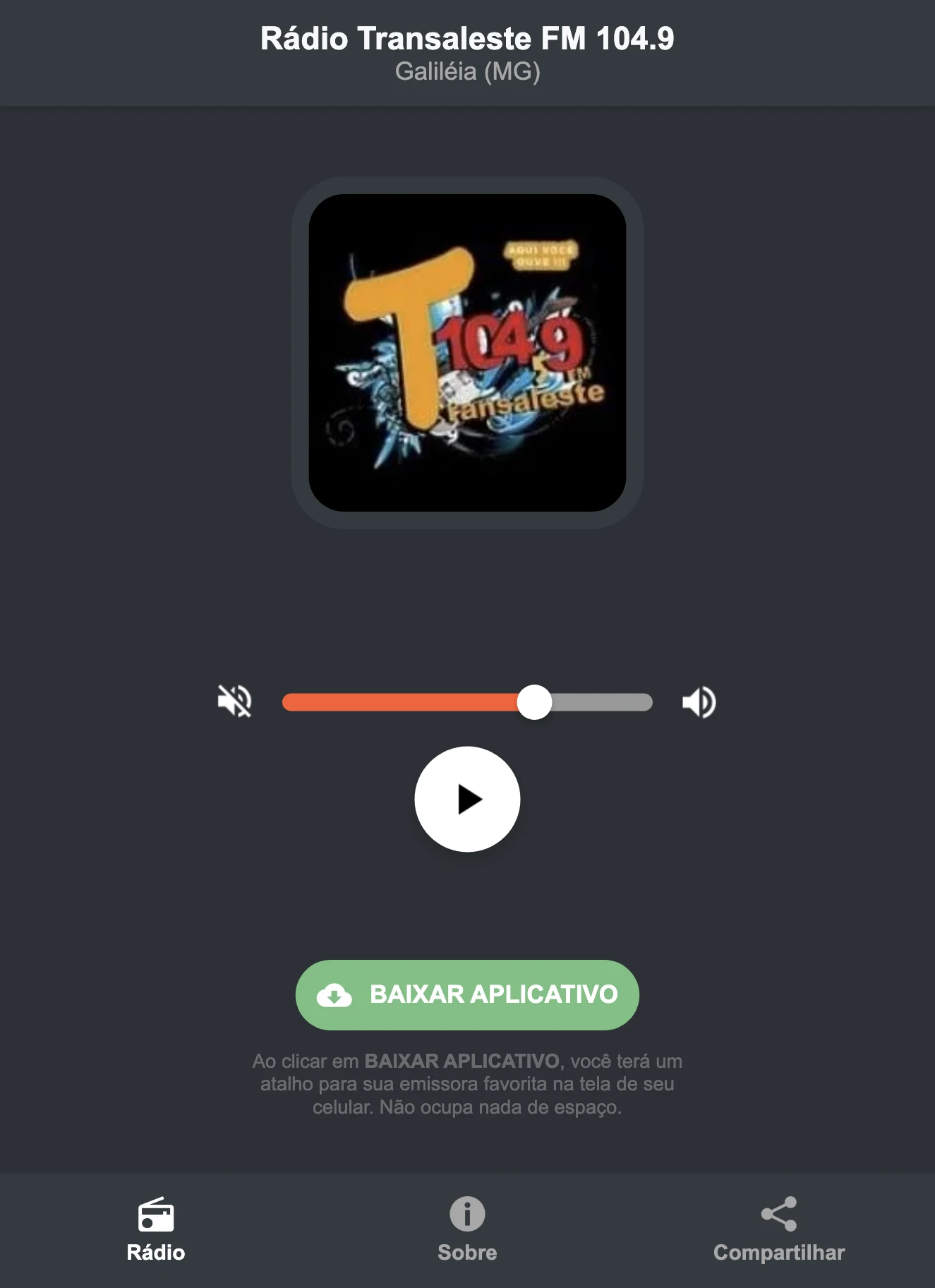 Screenshot do aplicativo da Rádio Transaleste FM 104.9