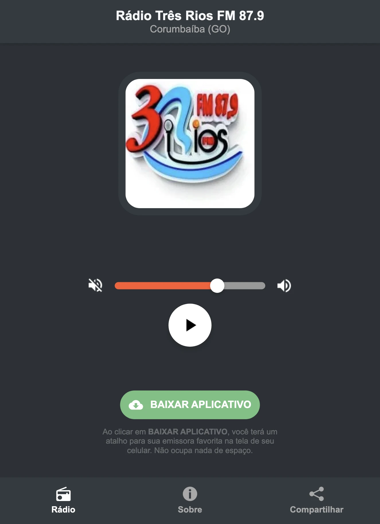 Screenshot do aplicativo da Rádio Três Rios FM 87.9