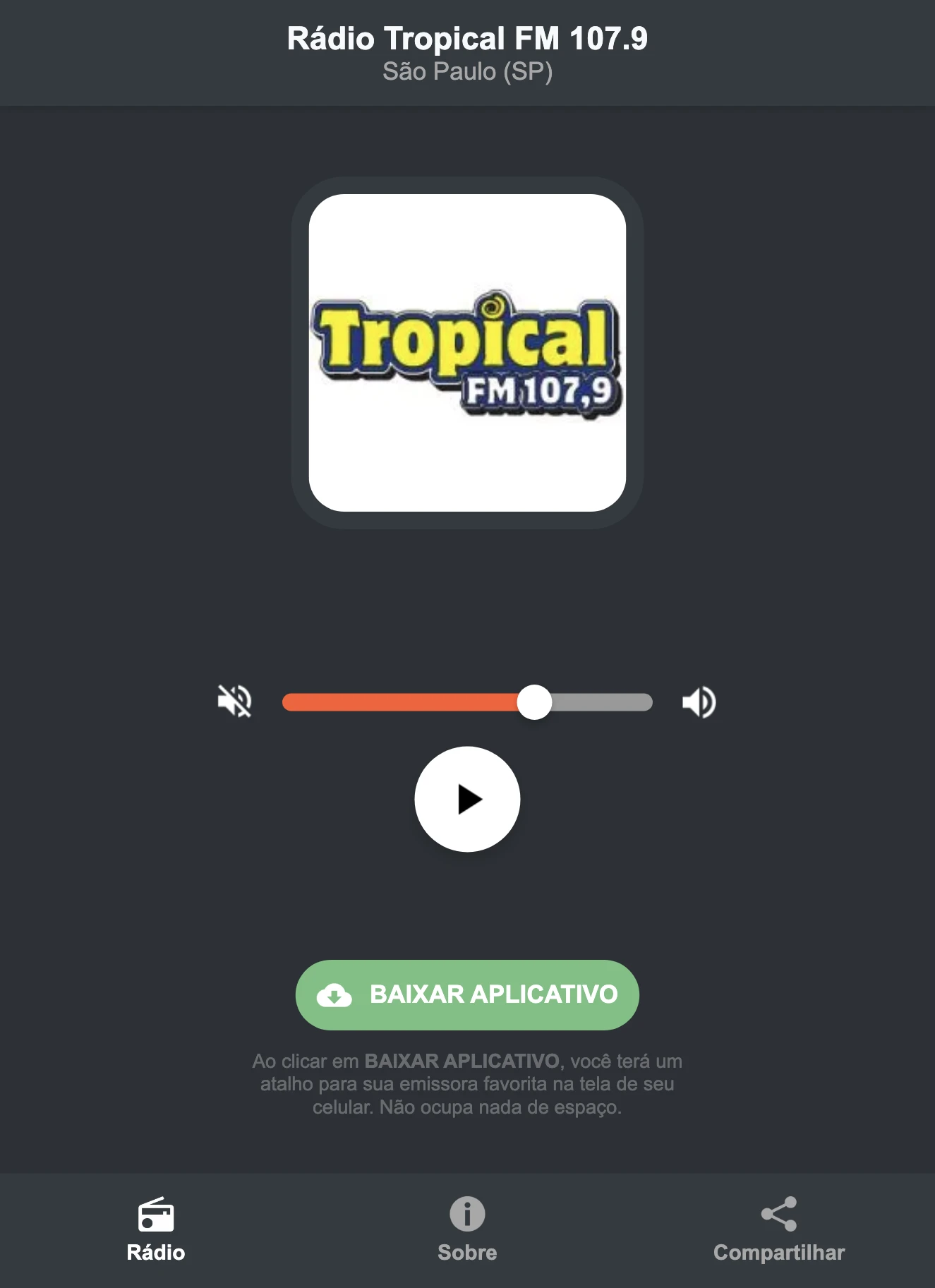 Screenshot do aplicativo da Rádio Tropical FM 107.9
