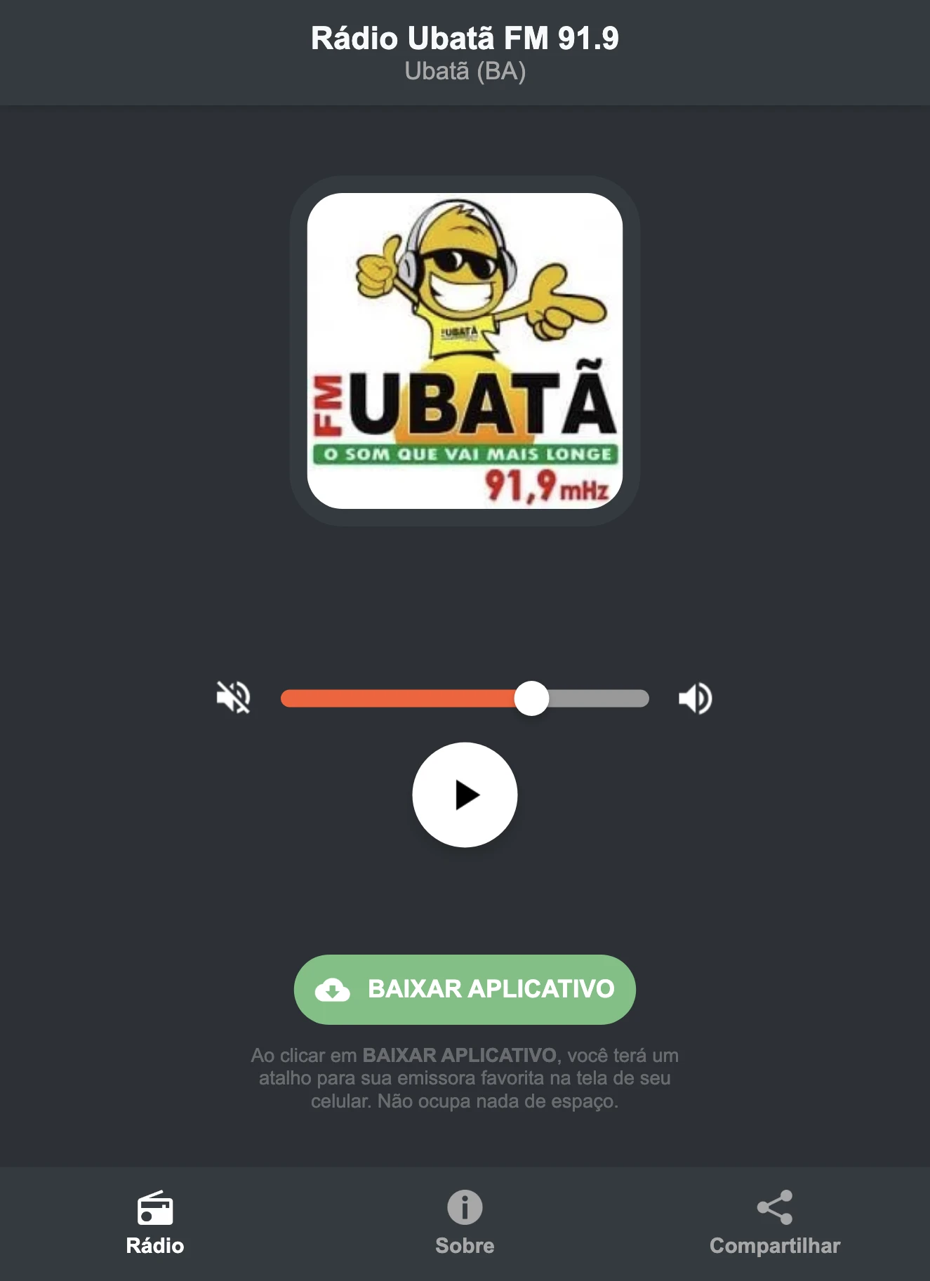 Screenshot do aplicativo da Rádio Ubatã FM 91.9