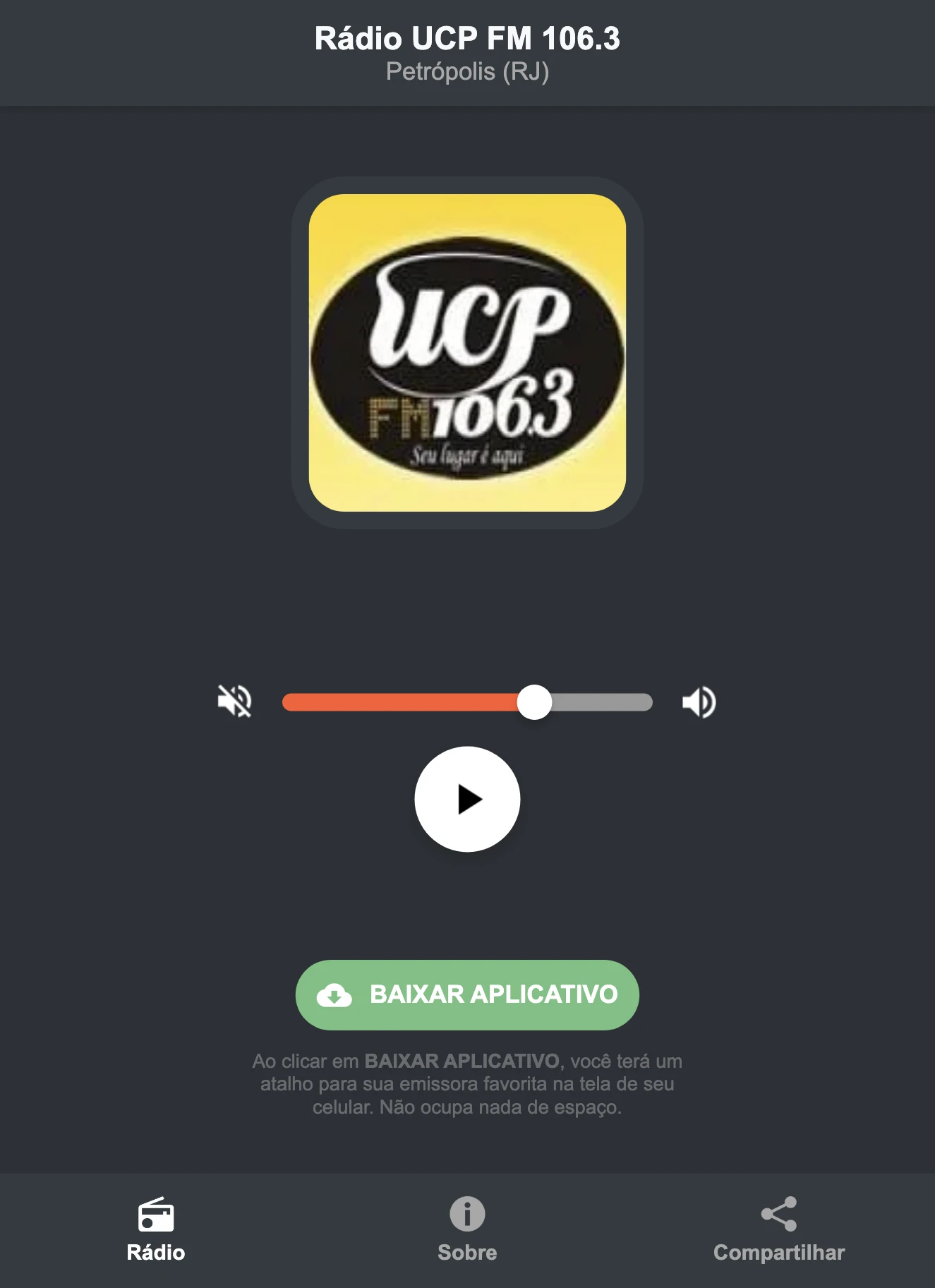 Screenshot do aplicativo da Rádio UCP FM 106.3