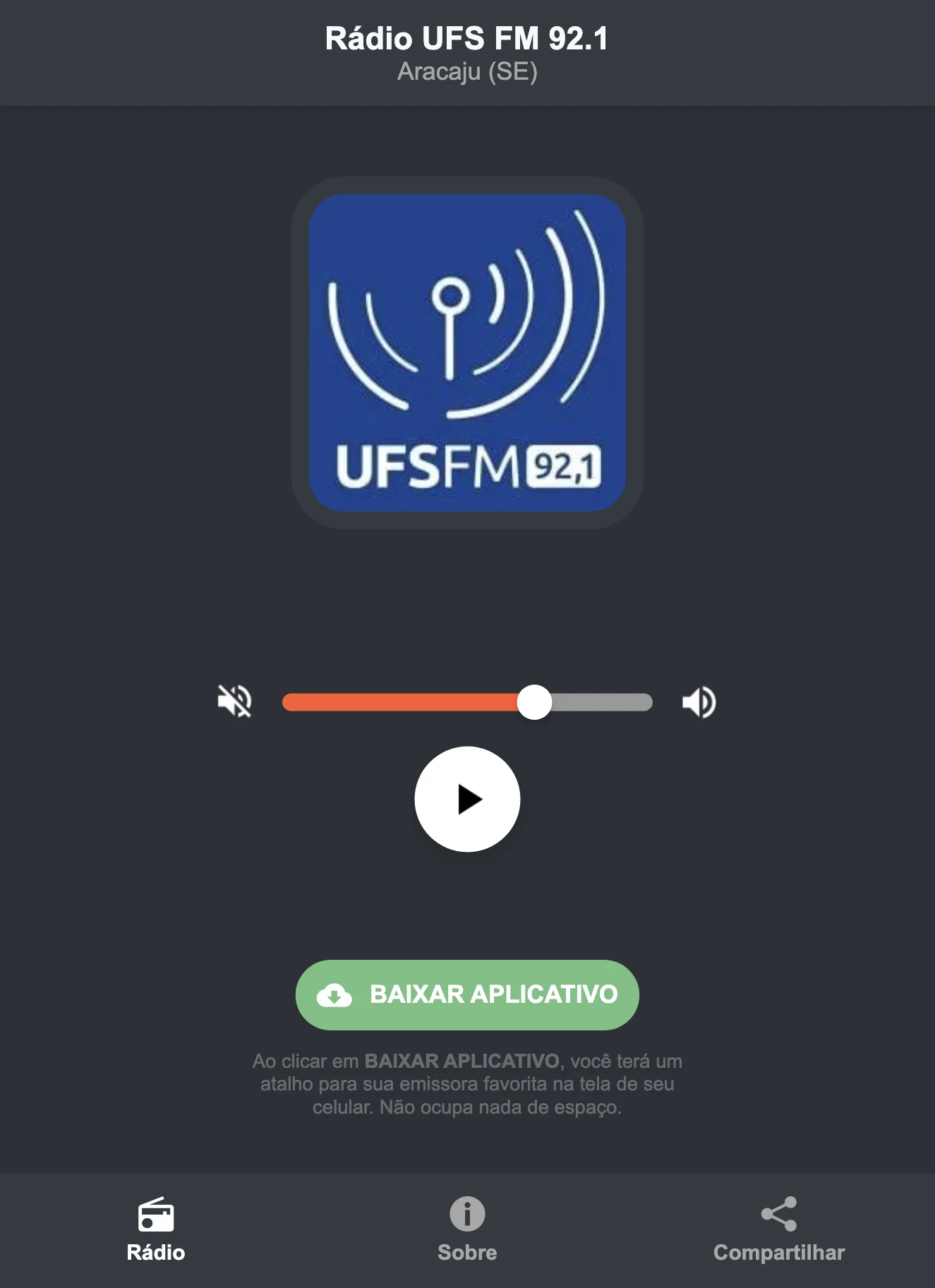 Screenshot do aplicativo da Rádio UFS FM 92.1